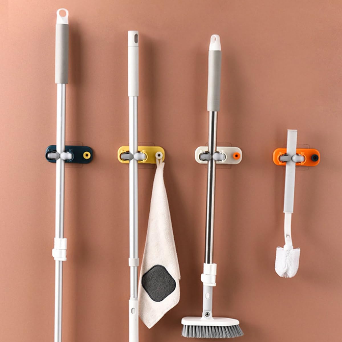 Self Adhesive Mop Holder Wall Mount No Drilling Mop Broom Storage Hook Rack for Home Use Bathroom and Kitchen Wall