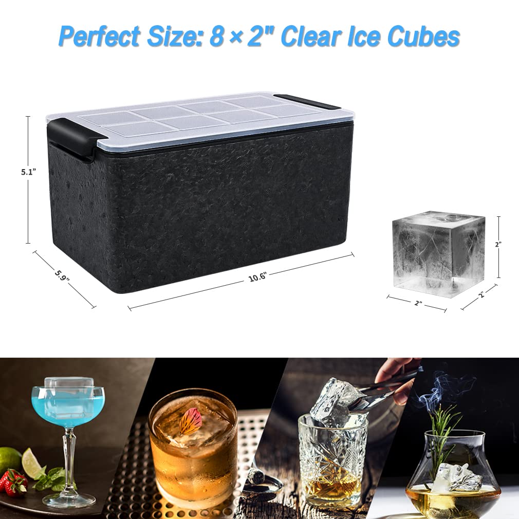 Upgrade 2 Inch Clear Ice Cube Tray Make 8 Large Square Crystal Ice Cube Maker for Cocktail