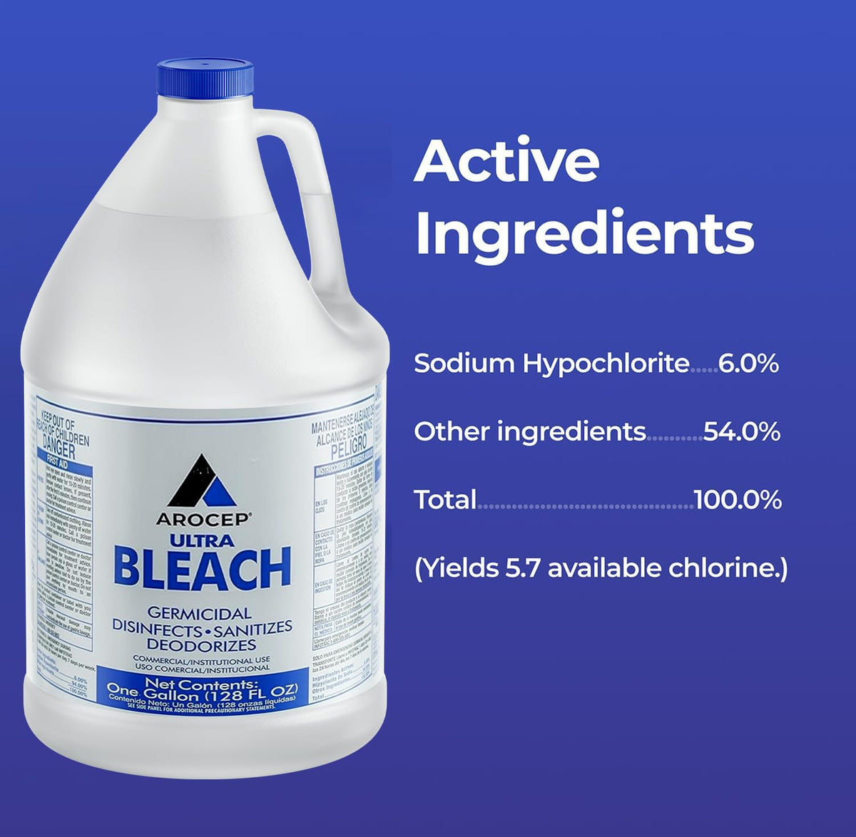 6 Gallons) Ultra Germicidal Liquid Bleach - For Laundry, Disinfecting, Sanitizing, Deodorizing, Mold & Mildew Stain Remover - 1 Gallon Jugs (768 Fl Oz) - ModHome Supplies