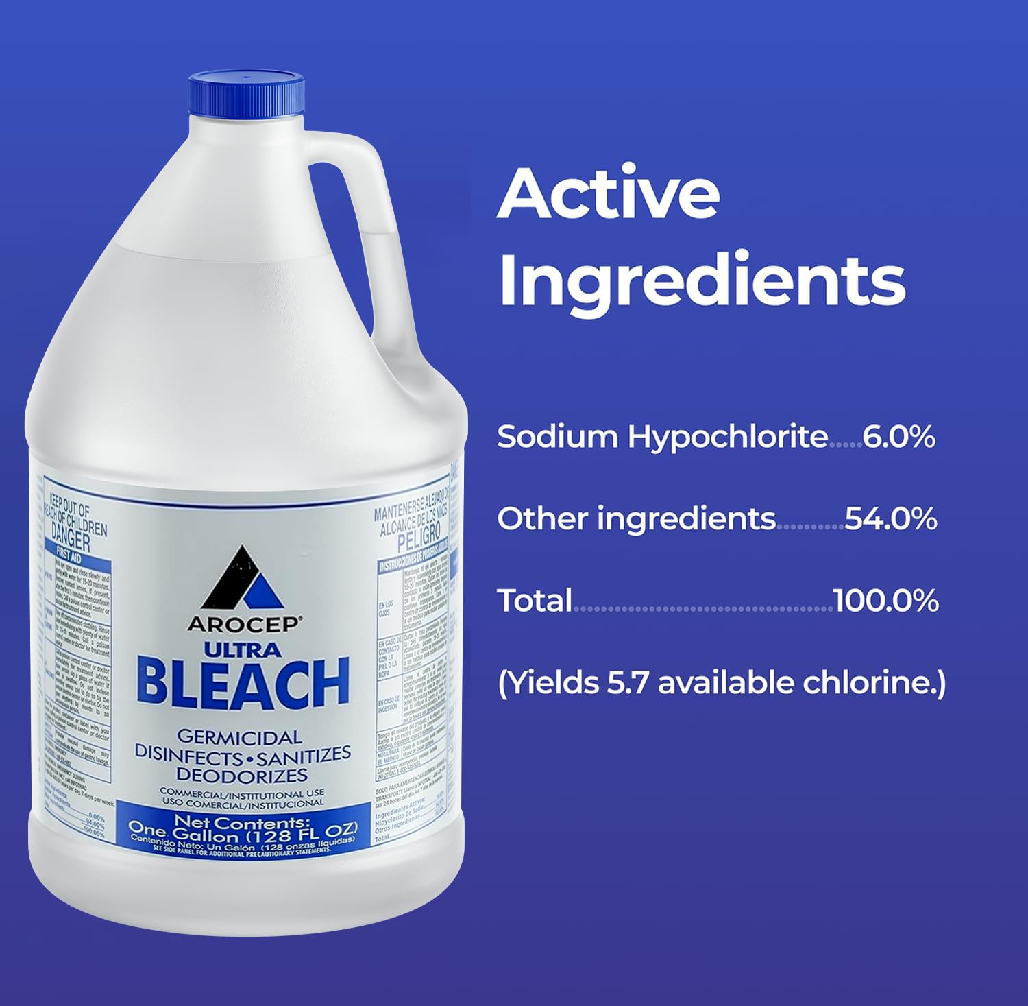 6 Gallons) Ultra Germicidal Liquid Bleach - For Laundry, Disinfecting, Sanitizing, Deodorizing, Mold & Mildew Stain Remover - 1 Gallon Jugs (768 Fl Oz) - ModHome Supplies