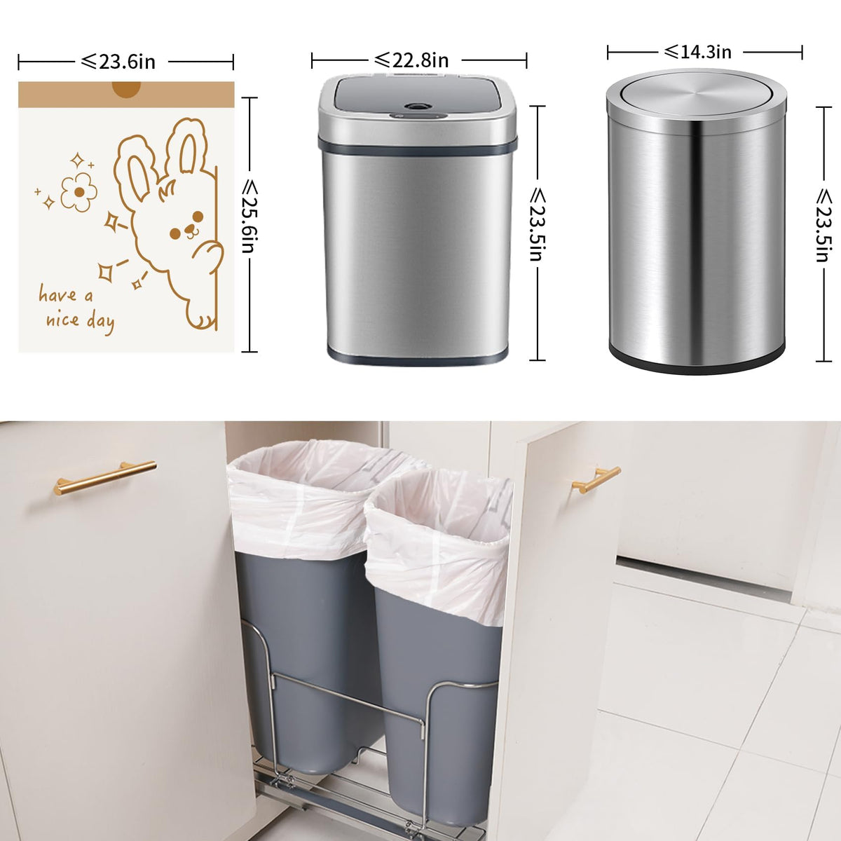 13 Gallon Trash Bags with Cute Rabbit Printed & Drawstring (50 Count)