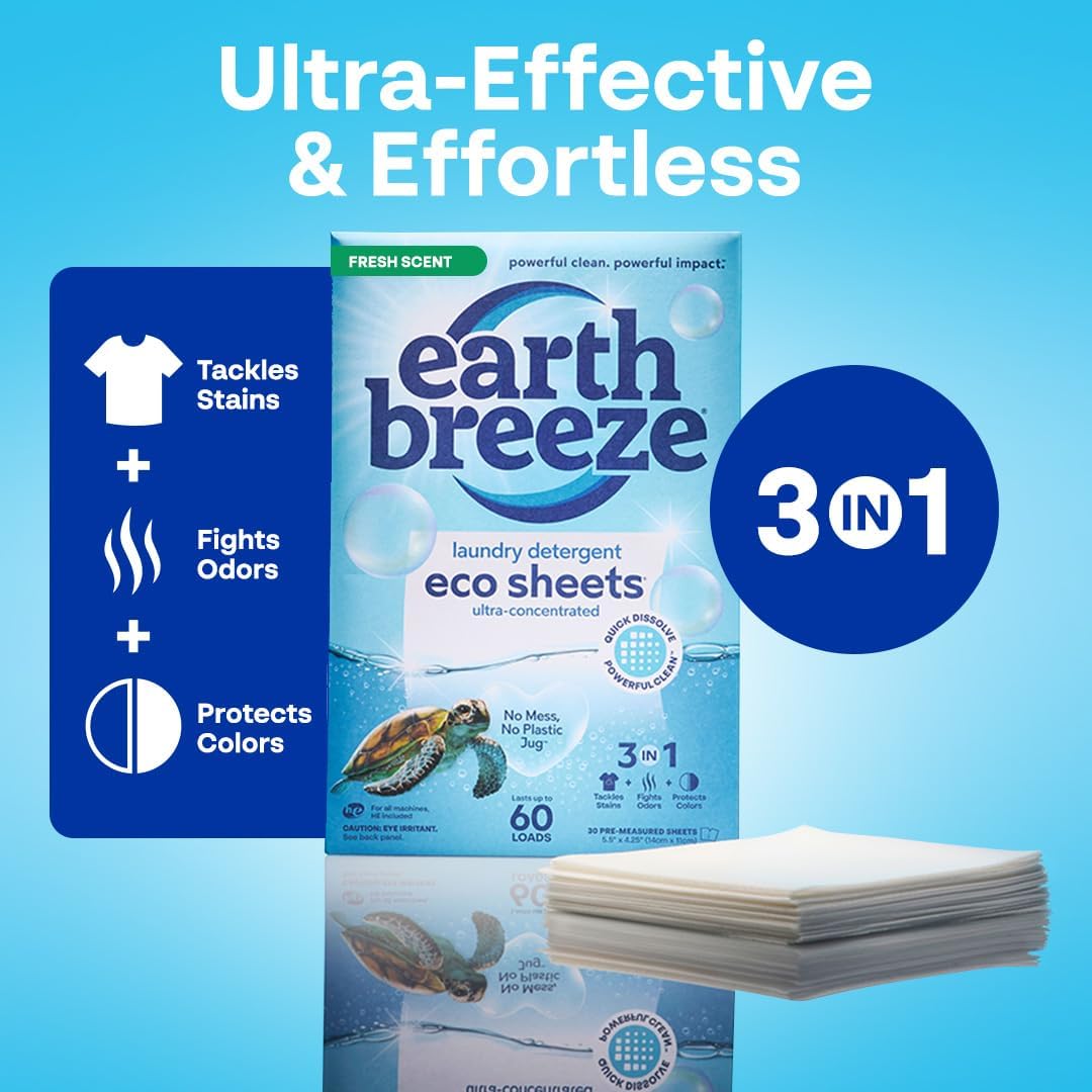 Earth Breeze Laundry Detergent Sheets Fresh Scent - 60 Loads Eco Liquidless Soap - Travel-Friendly for Hot & Cold Cycles, Tackles Tough Stains & Odors - Gentle on Skin, 30 Ct - ModHome Supplies