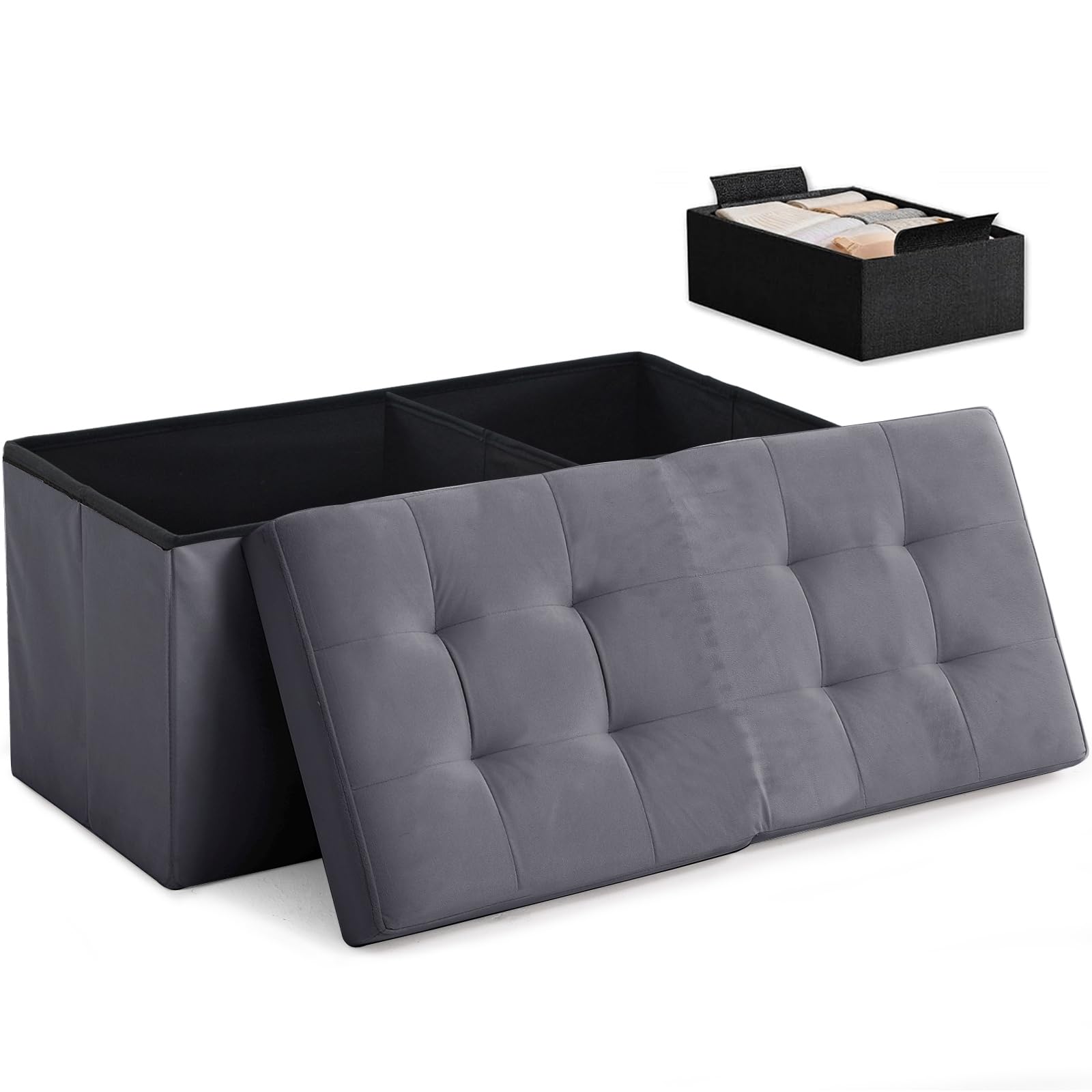 Ottoman with Storage Bench Folding Foot Rest Stool Velvet Ashgrey