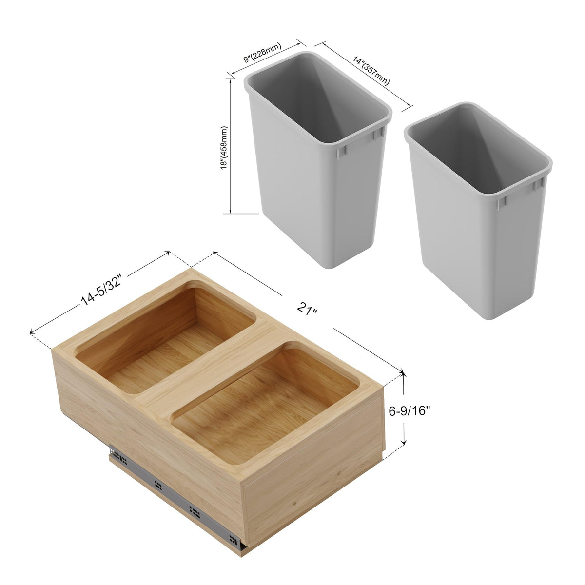 Dowell B18 B21 Wood Base Wastebasket Pullout with Two 35Qt Plastic Bins
