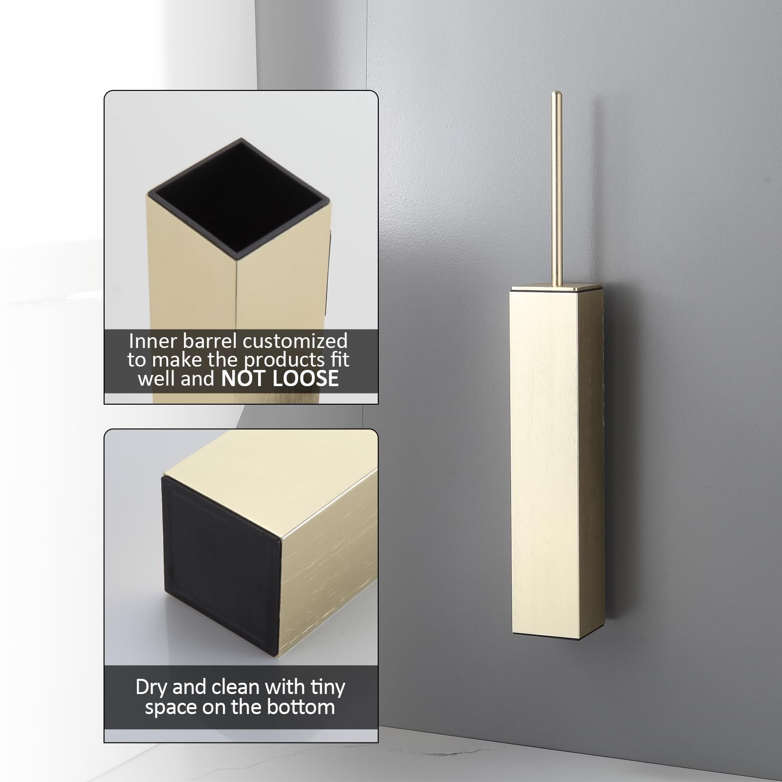 Toilet Brush and Holder Set Brushed Gold Wall Mounted for Bathroom Square Design