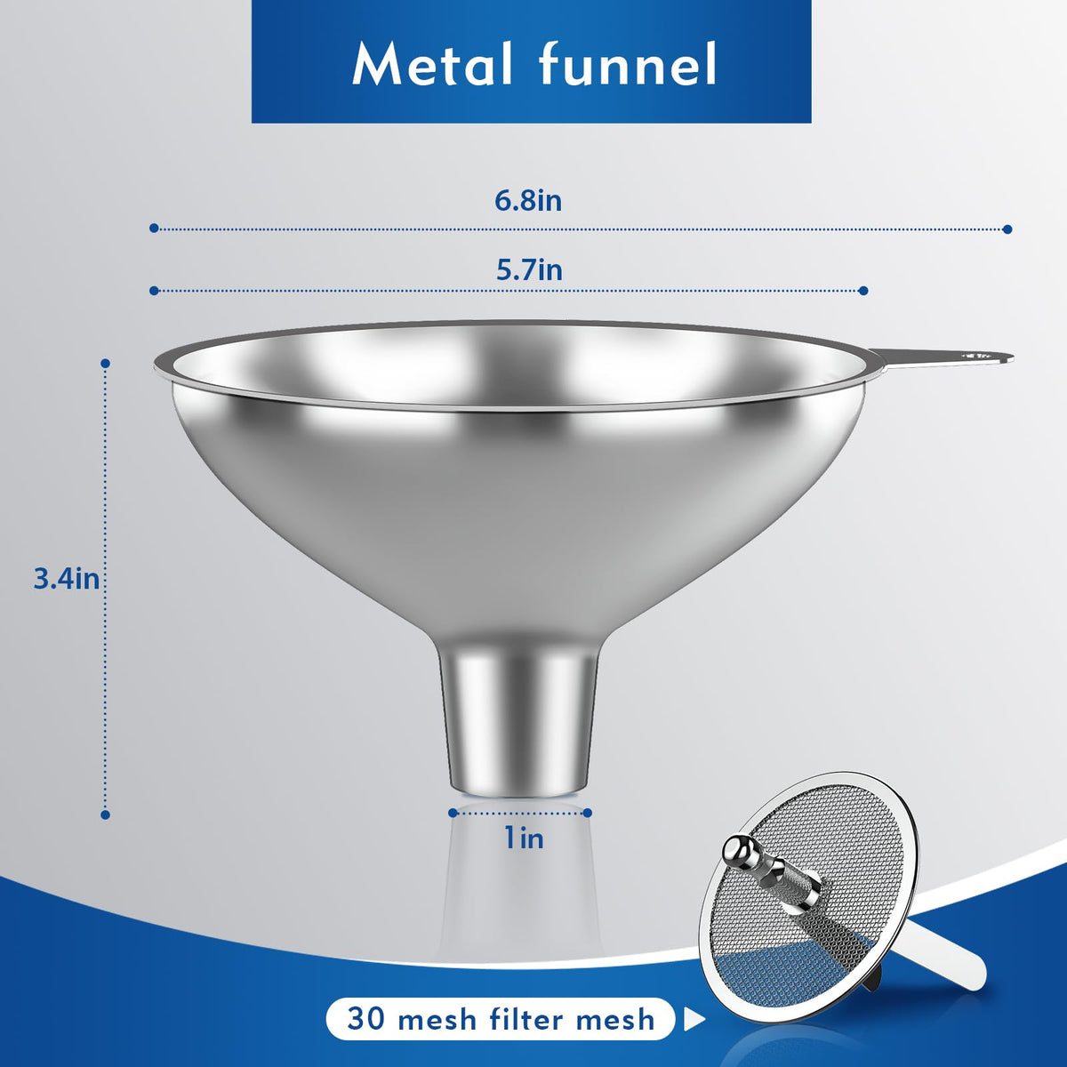 Stainless Steel Funnel with 30 Mesh Filter Food Grade Metal Funnel for Kitchen