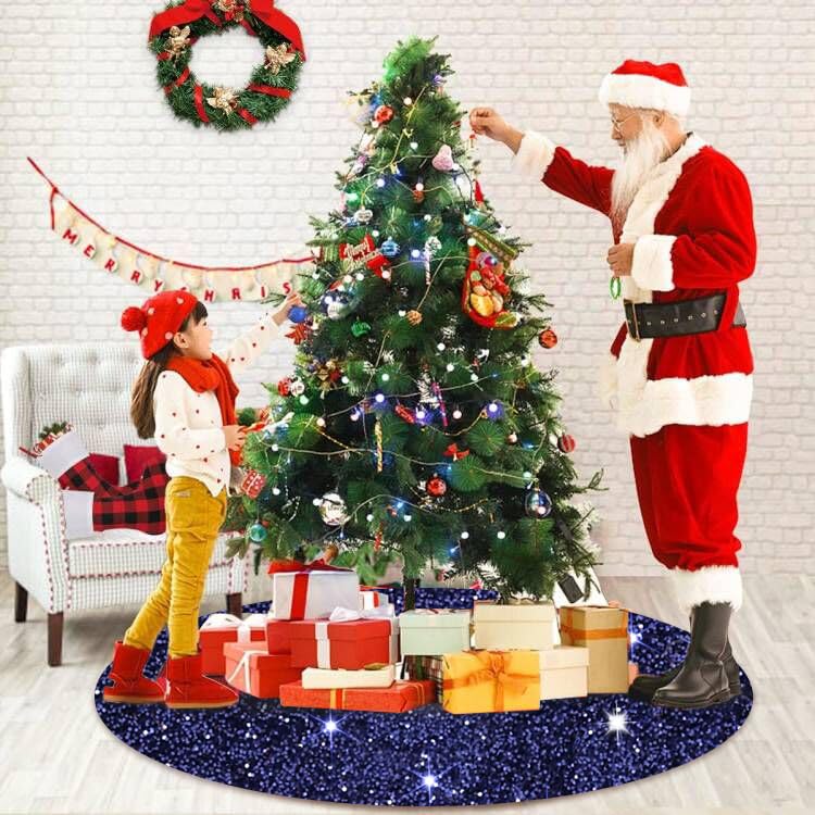 Navy Blue Christmas Tree Skirt 36 Inch Sequined Tree Skirt Navy Velvet Tree Skirt Sparkly Tree Cover Skirt for 4ft Xmas Tree Personalized Christmas Tree Skirt Mat for Xmas Party Decor
