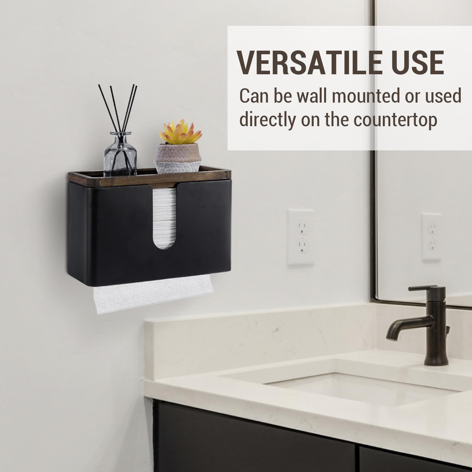 Wall Mounted Deluxe Black Metal Folded Commercial Paper Towel Holders with Burnt Solid Wood Tray Lids (2 Count)