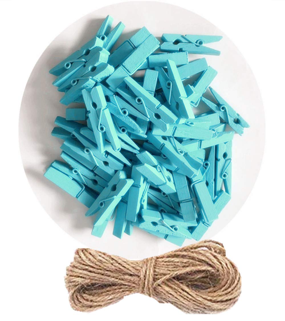 50pcs Small Wood Clothes Pins Pegs Hangers Picture Display Art Crafts Clip Clamps String Wire Clothesline Party Office Decor Bright Blue (50 Count)