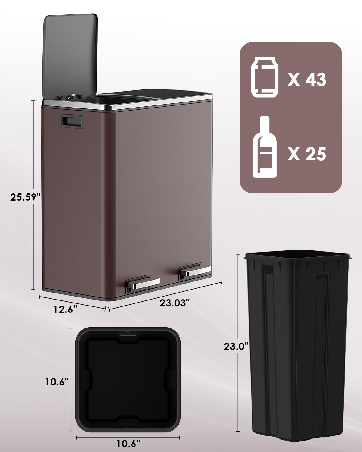 60L(16 Gal) Dual Trash Can, Stainless Steel Kitchen Garbage Can, Double Compartment Classified Rubbish Bin, Recycle Dustbin w/Plastic Inner Buckets, Handle, Soft-Close Lid, Airtight, Brown