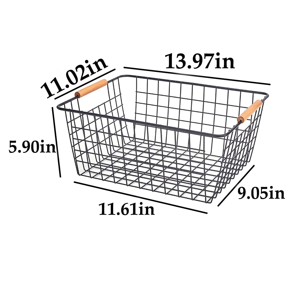 Large black wire baskets with Wooden Handles for storage pantry