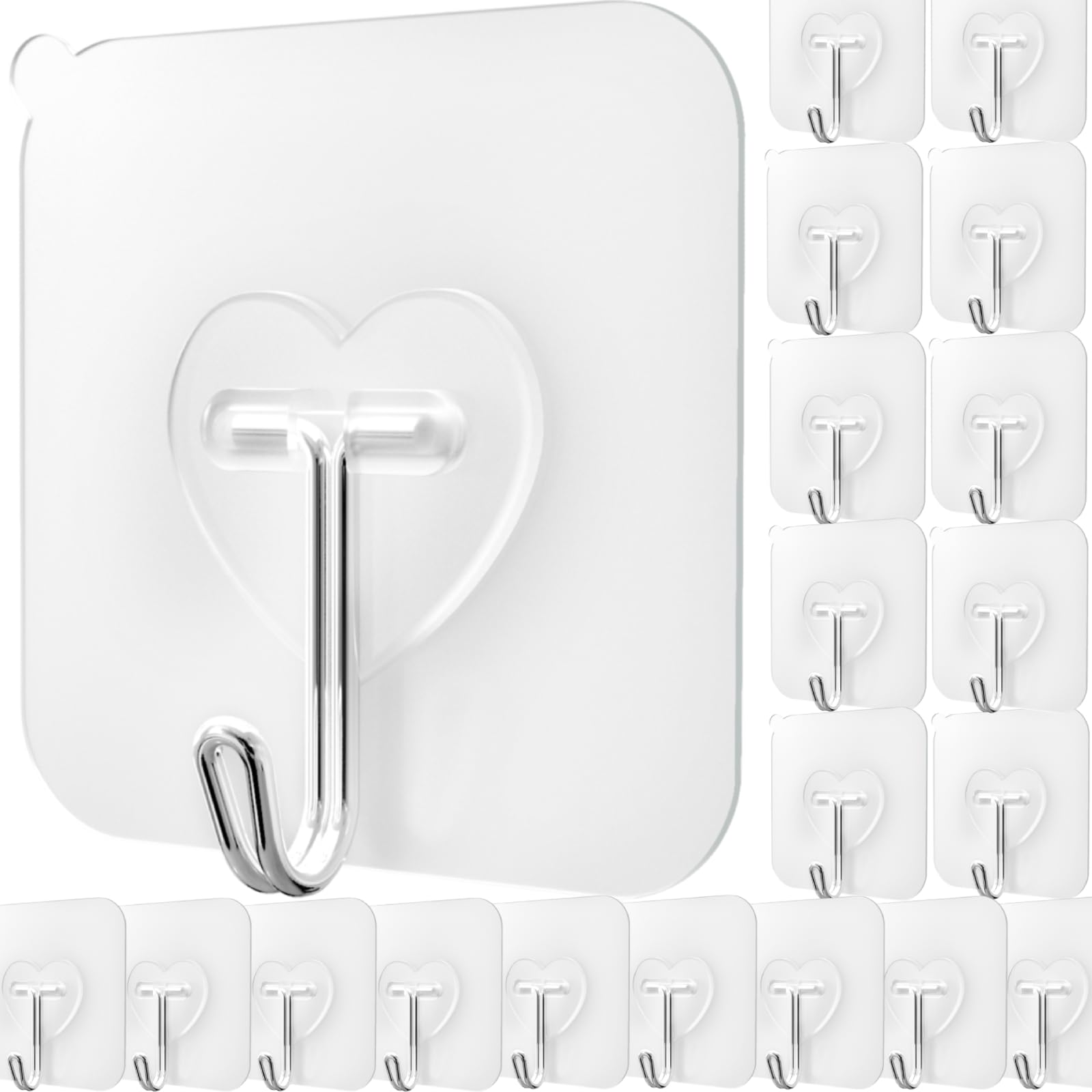 20 Pcs Clear Adhesive Hooks for Hanging 22lb Self Adhesive Wall Hooks Heavy Duty Waterproof Transparent Sticky Hooks for Shower Home Bathroom Kitchen Office (20 Count)