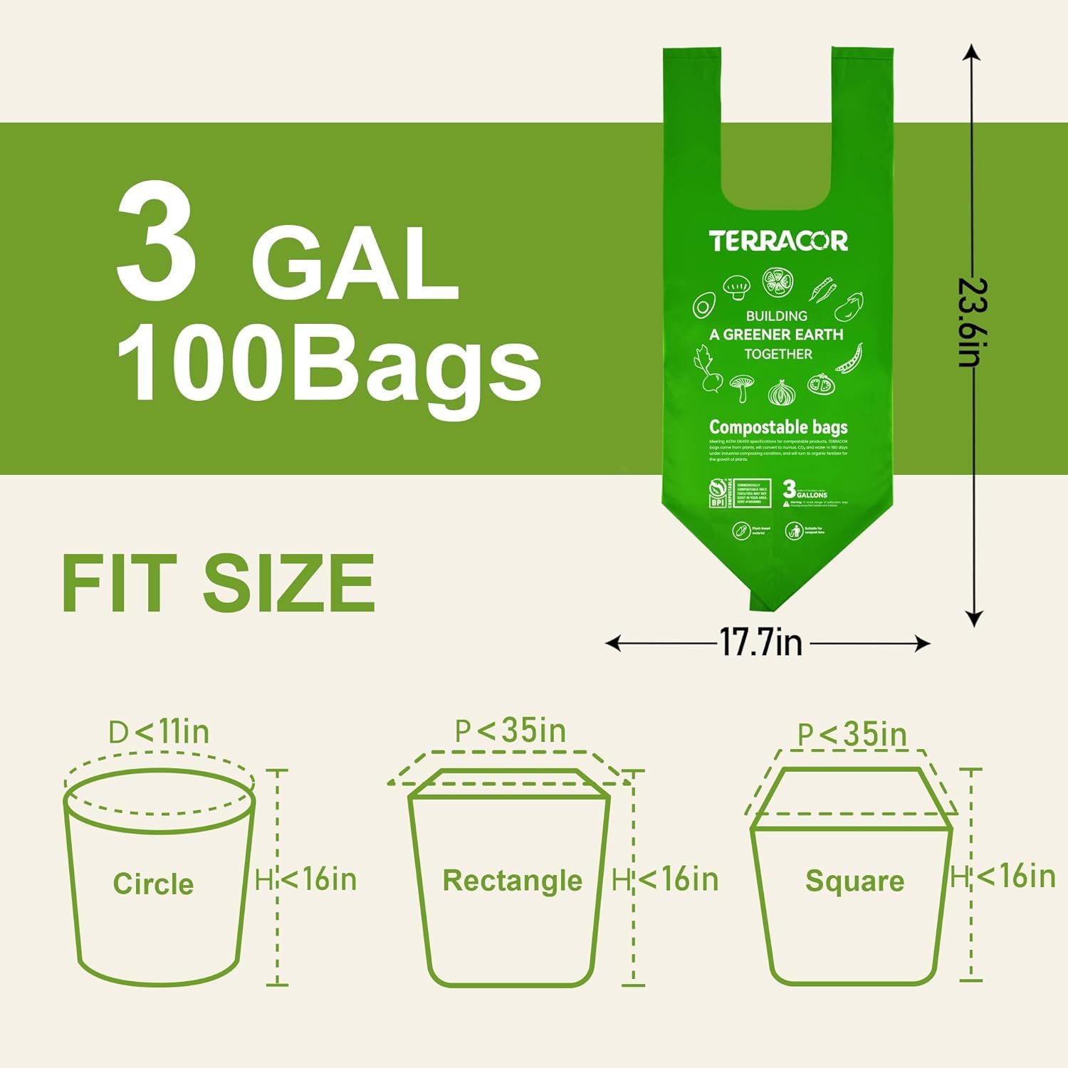 Compost Bags 3 Gallon Compostable Food Scrap Bags Handle Tie (200 Count)