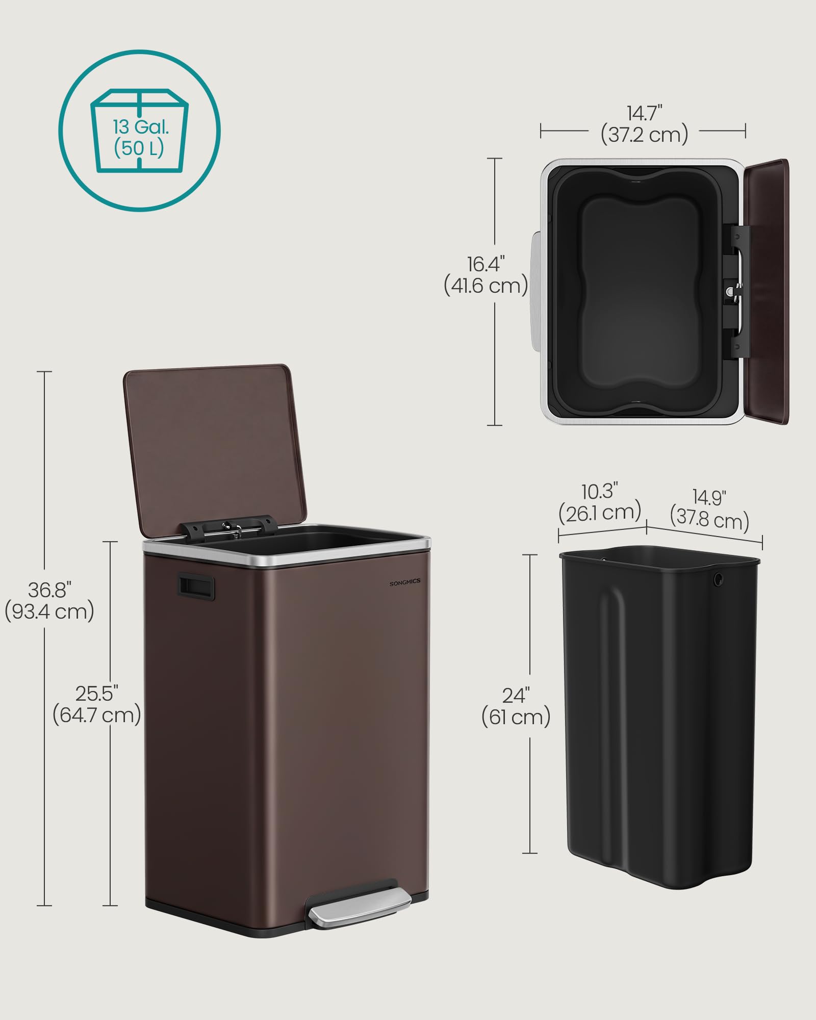 Trash Can, 13-Gallon, Stainless Steel, Soft-Close Lid