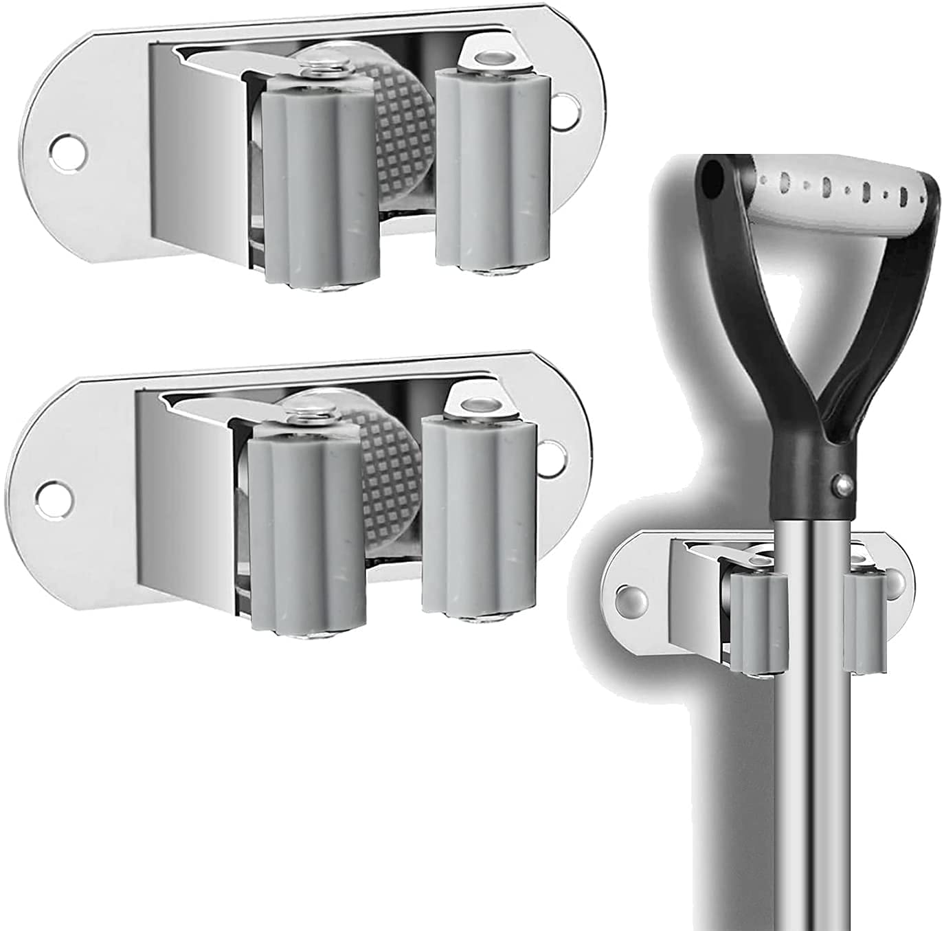 GROVENT® 2 PCS Mop and Broom Holder Wall Mount Heavy Duty Stainless Steel Broom Holder Wall Mounted Broom Organizer Home Garden Garage Storage Rack