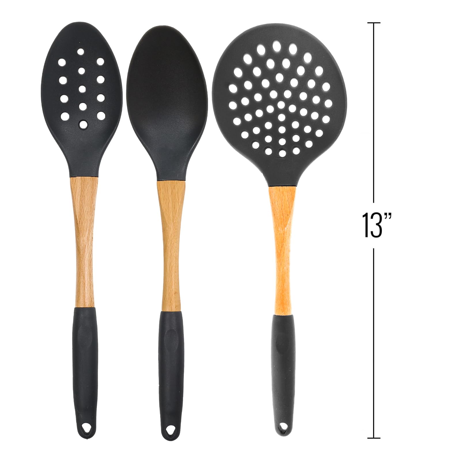 3pc Grey Nylon Cooking Spoons Kitchen Utensils Set with Wooden Handle High Heat Resistance