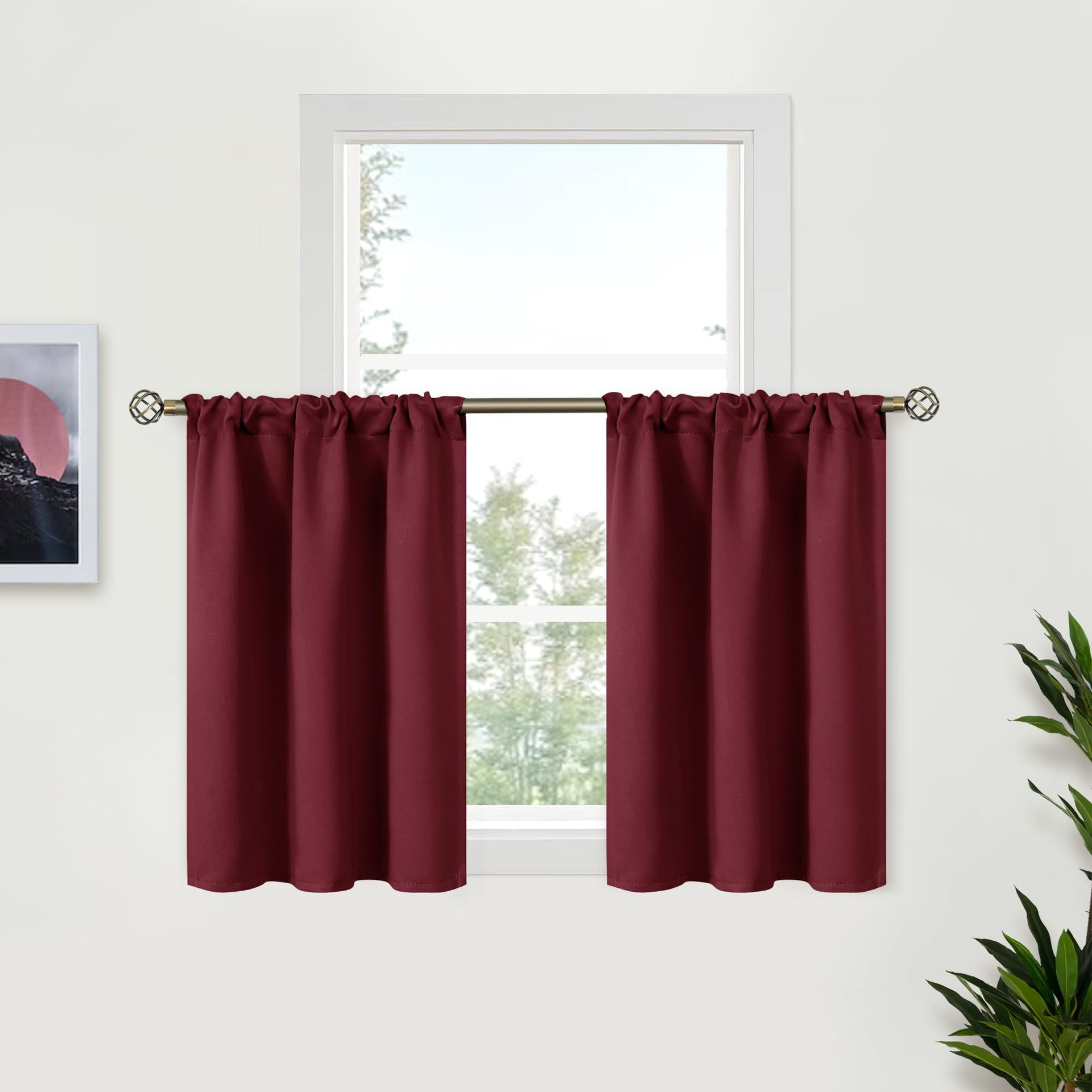 Short Burgundy Blackout Curtains 36 Inches Length for Kitchen Window Over Sink (2 Count)