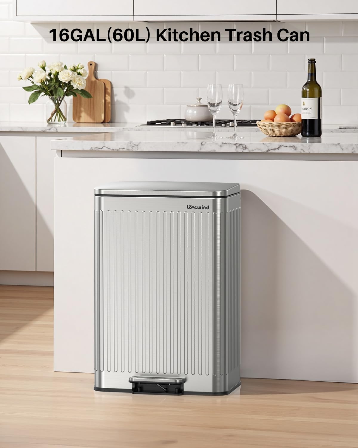 60 Liter 16 Gallon Stainless Steel Trash Can with Soft
