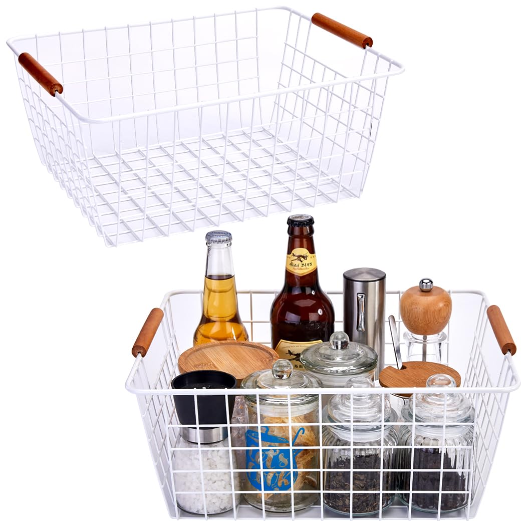 Large white wire baskets with Wooden Handles for storage pantry
