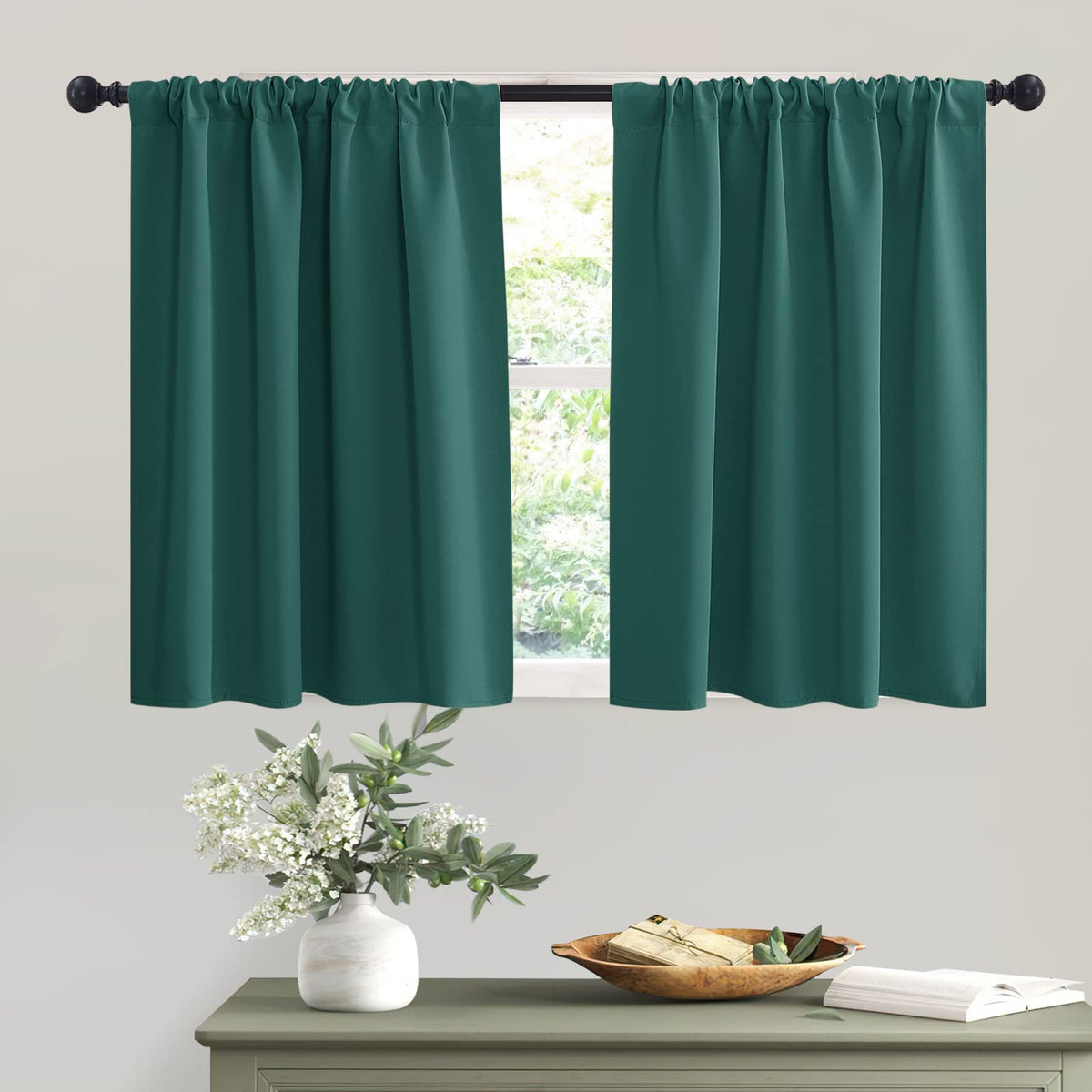 Short Hunter Green Blackout Curtains for Small Bedroom Window Cafe