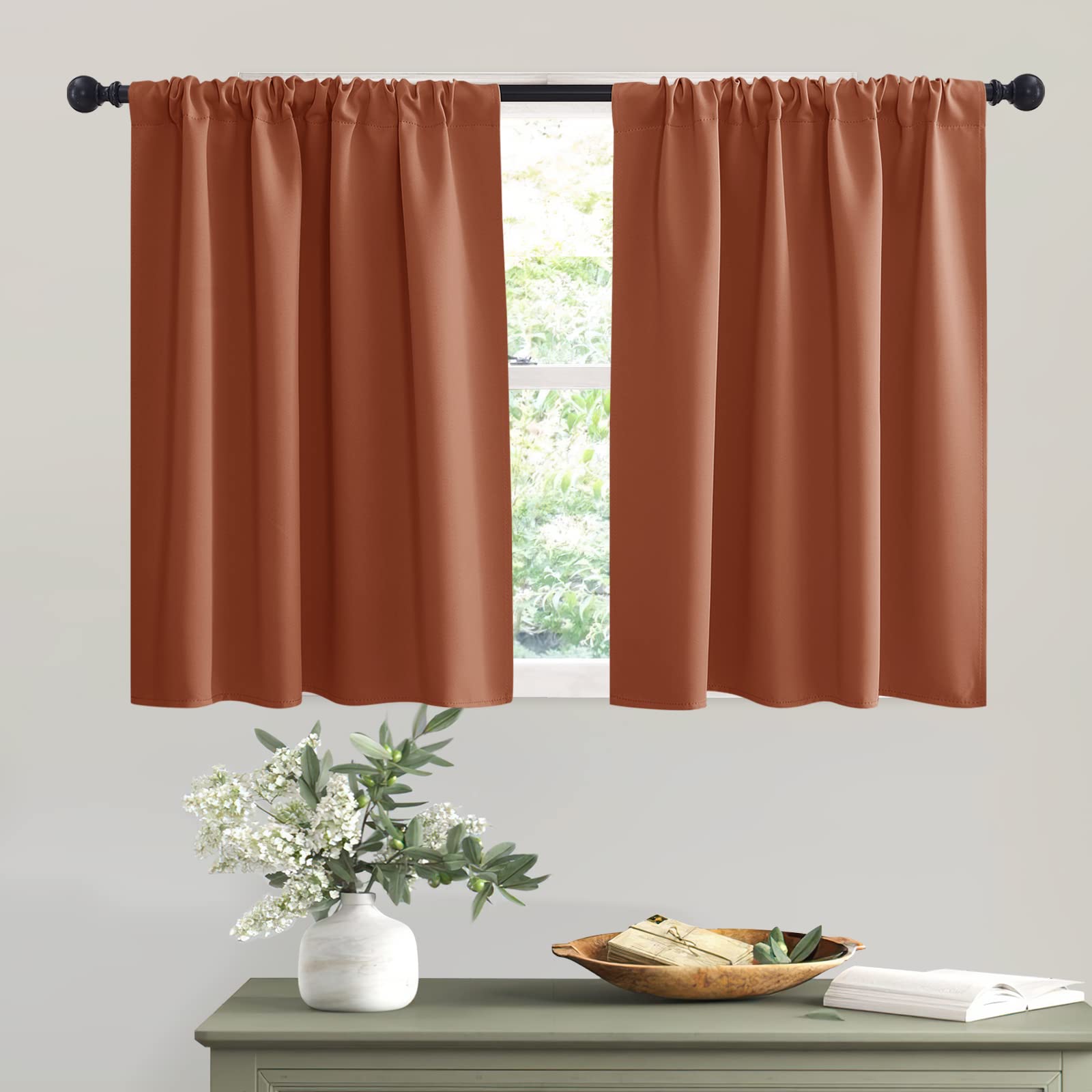 Short Burnt Orange Blackout Curtains for Small Bedroom Window Cafe