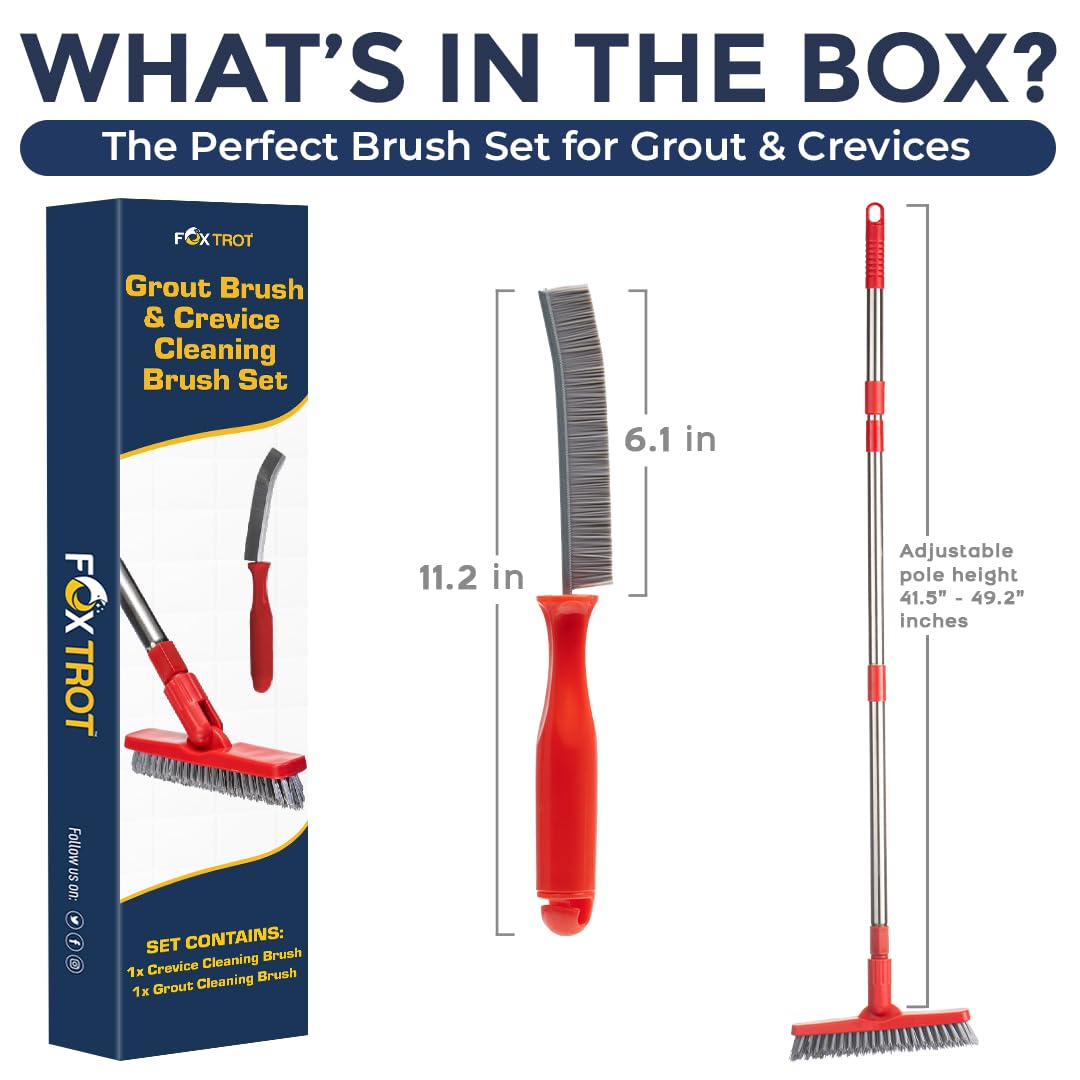 Foxtrot Living Grout Brush with Long Handle and Crevice Cleaning Brush Set