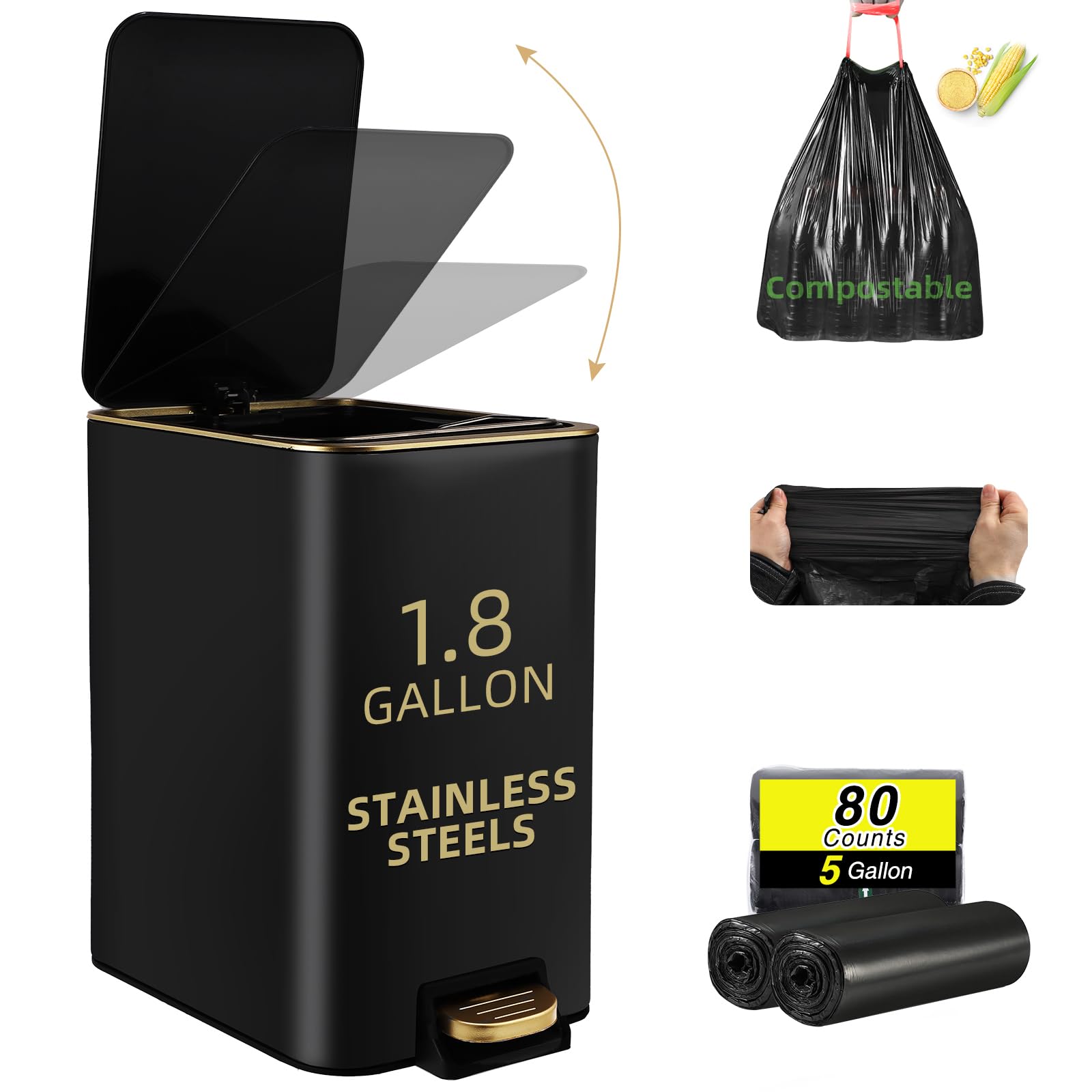 Small Bathroom Trash Can with Lid Soft Close (80 Count)
