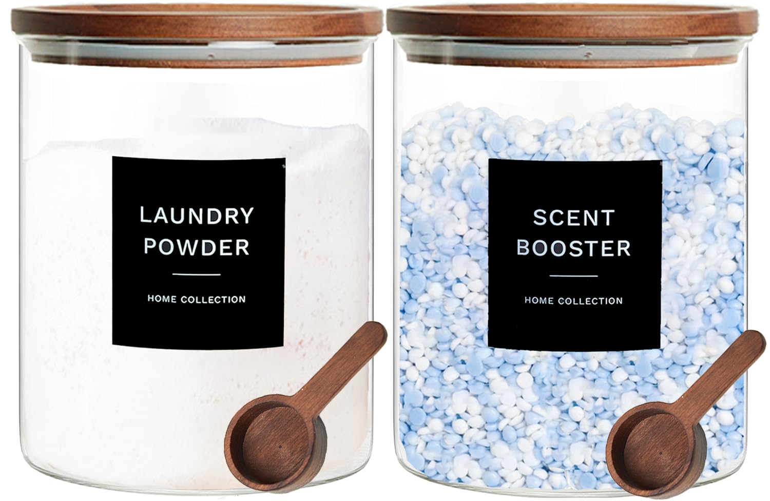 Glass Laundry Storage Containers with Acacia Lids and Scoops (2 Count)