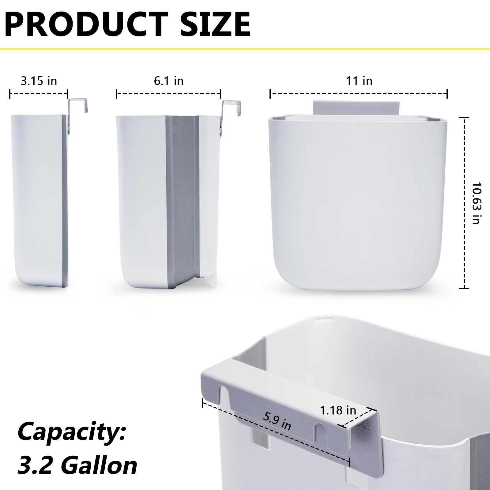 3.2 Gallon Foldable Hanging Trash Can with Lid for Cabinet Door