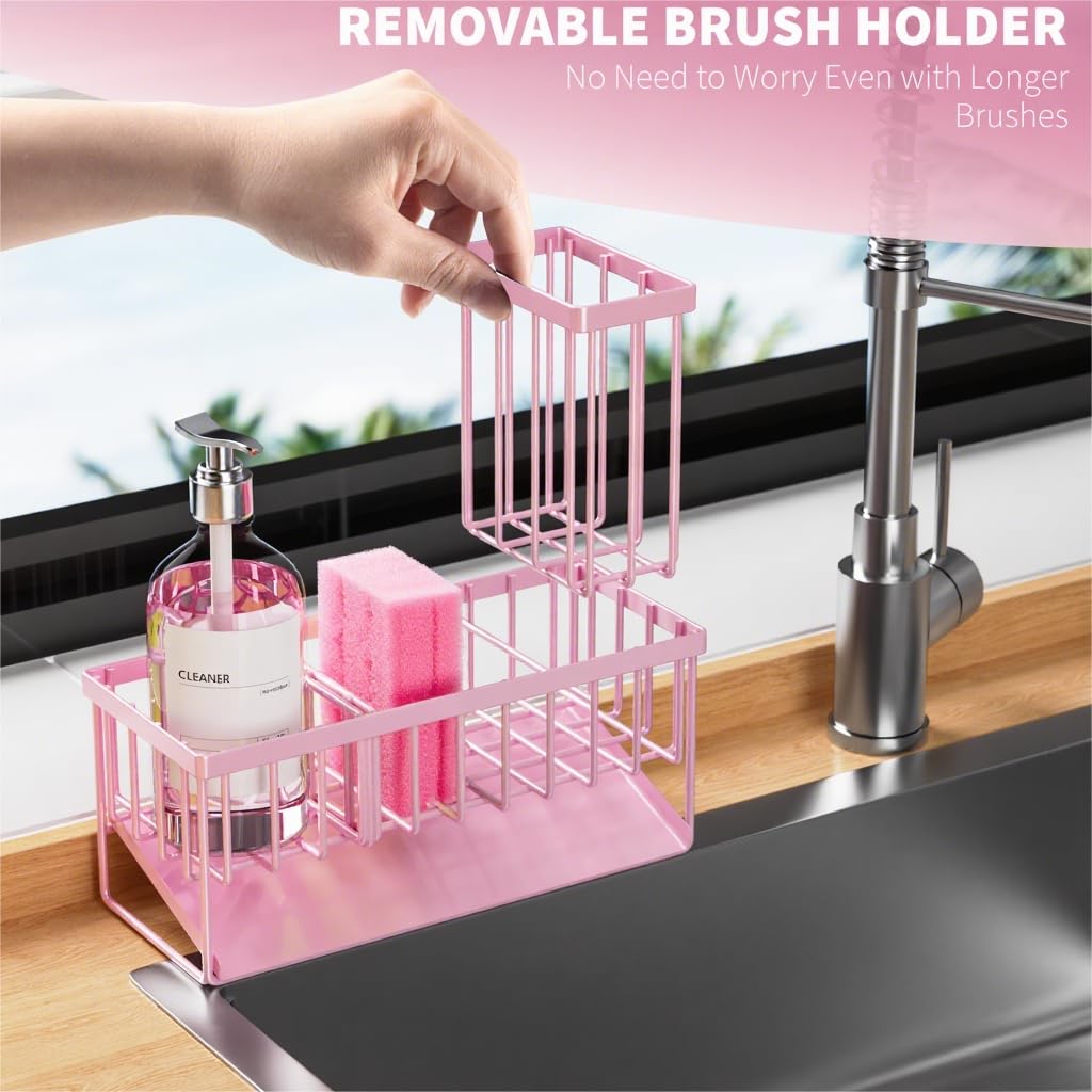Pink Kitchen Sink Caddy Organzier with High Brush Holder