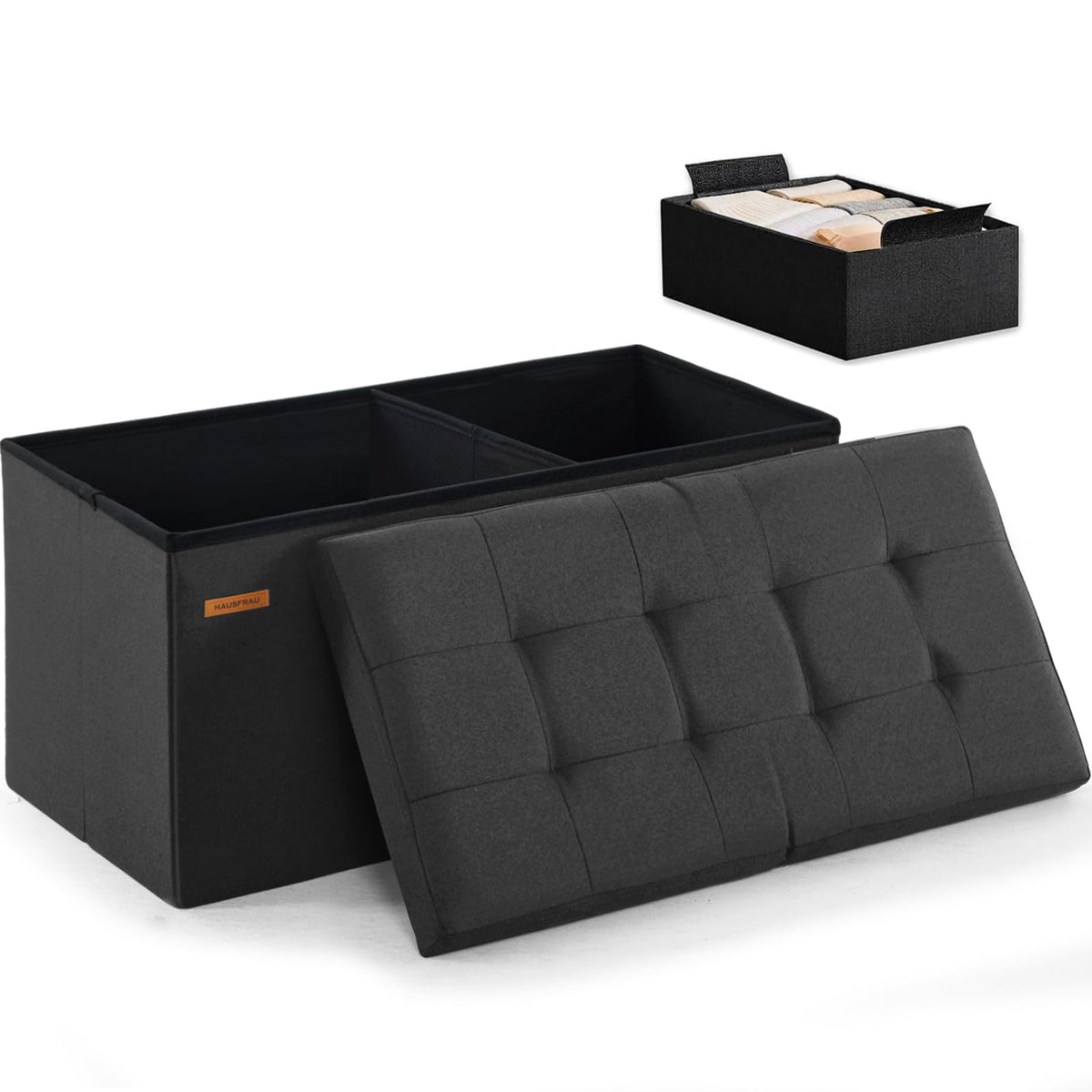 Ottoman with Storage Bench Folding Foot Rest Stool Linen Gray