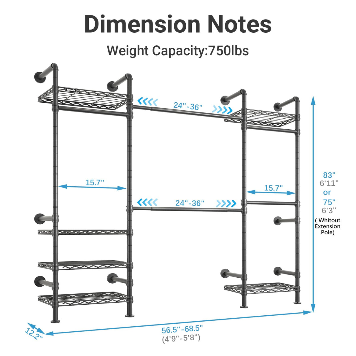 F3 Medium Wall Mounted Clothes rack Expandable Closet