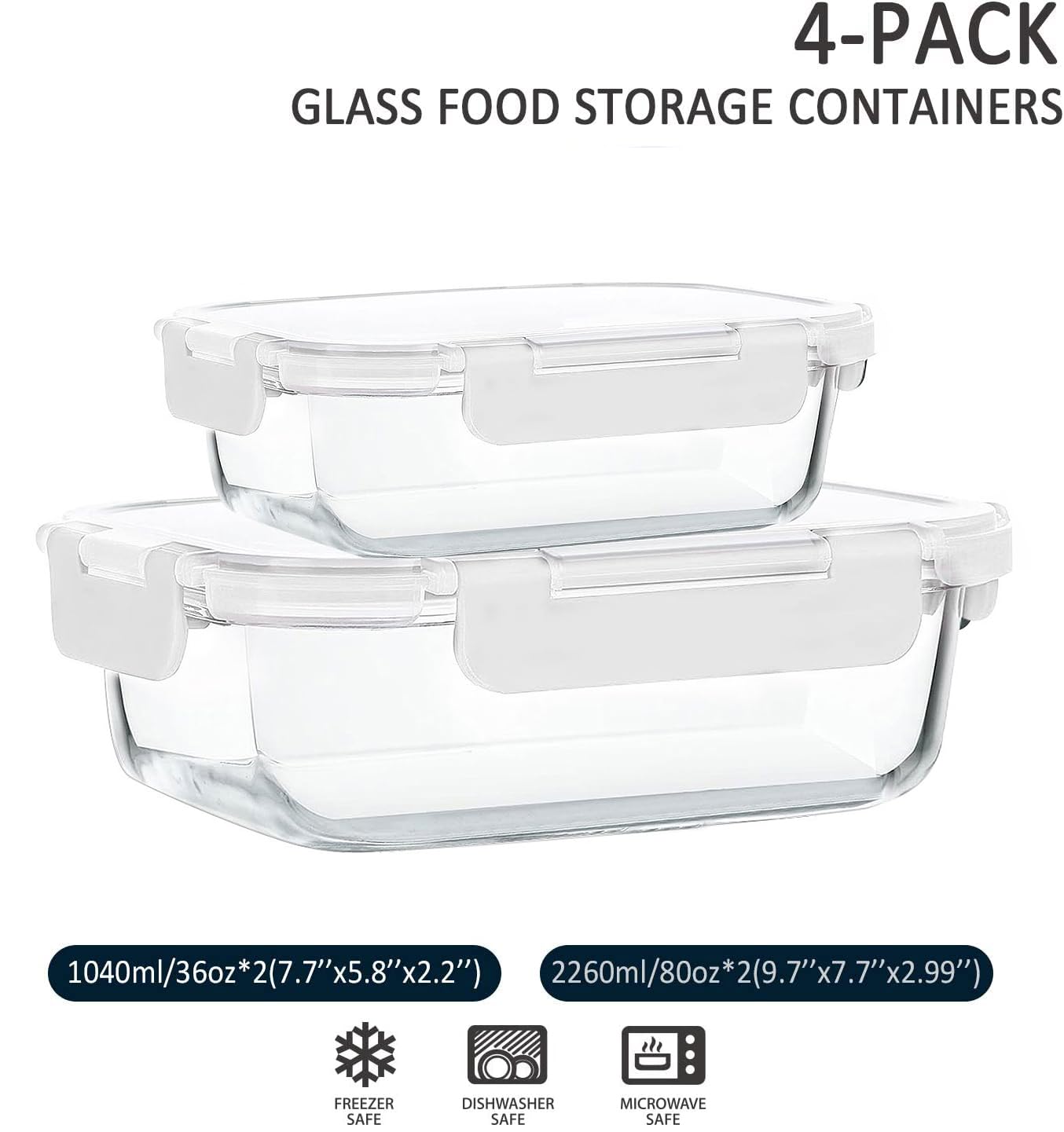 80 oz & 36 oz Extra Large Glass Food Storage Containers with Lids (4 Count)