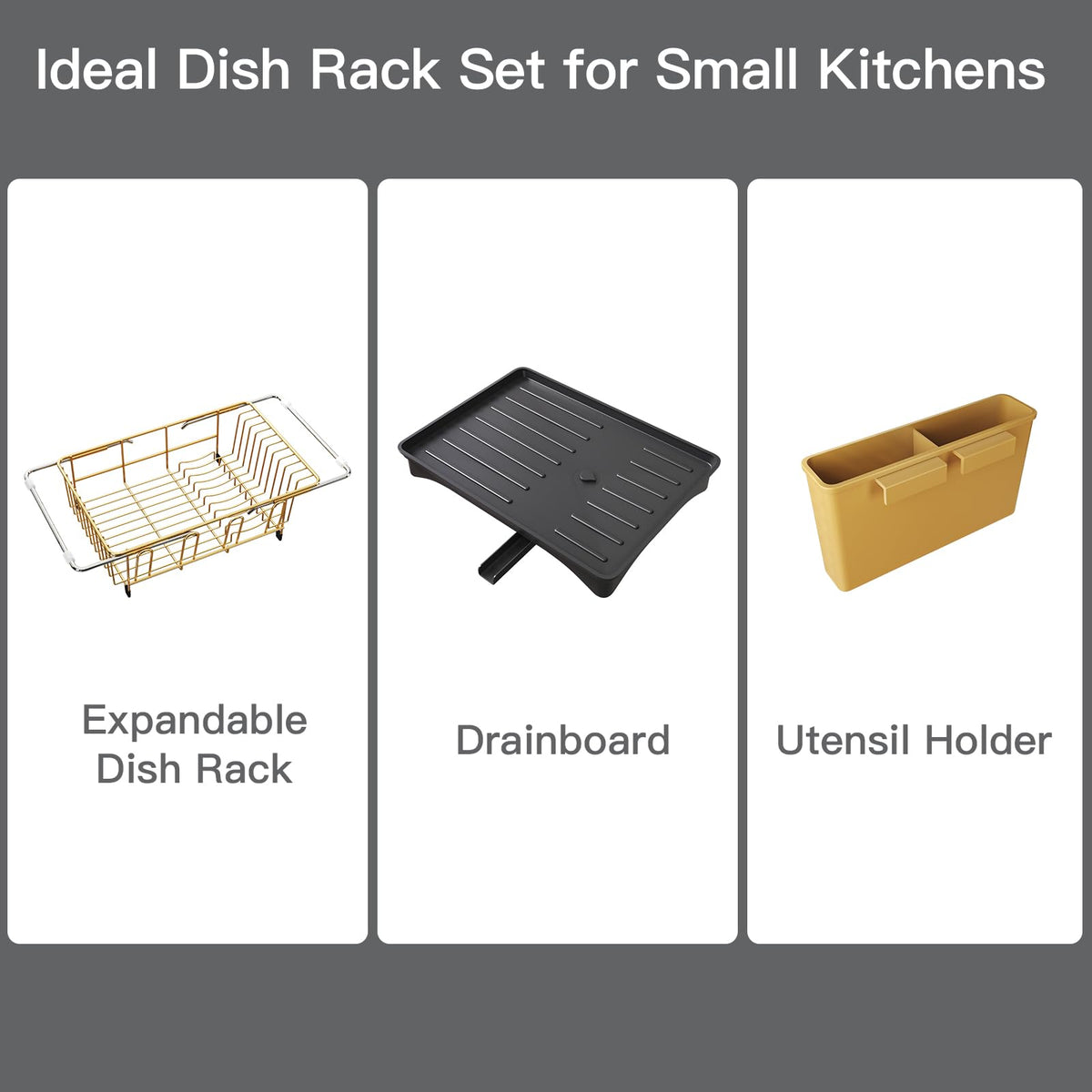 Gold Dish Drying Rack Over Sink with Utensil Holder