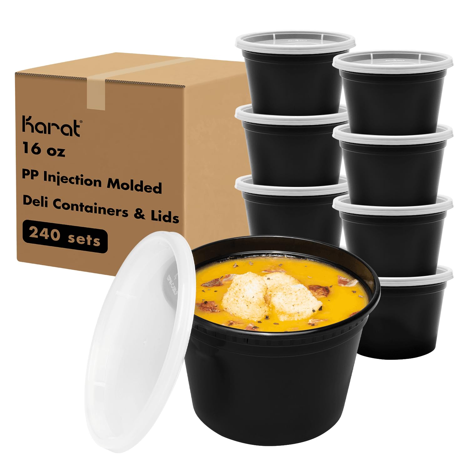 16oz 240 ct Black PP Injection Molded Round Deli Containers with Lids (240 Count)
