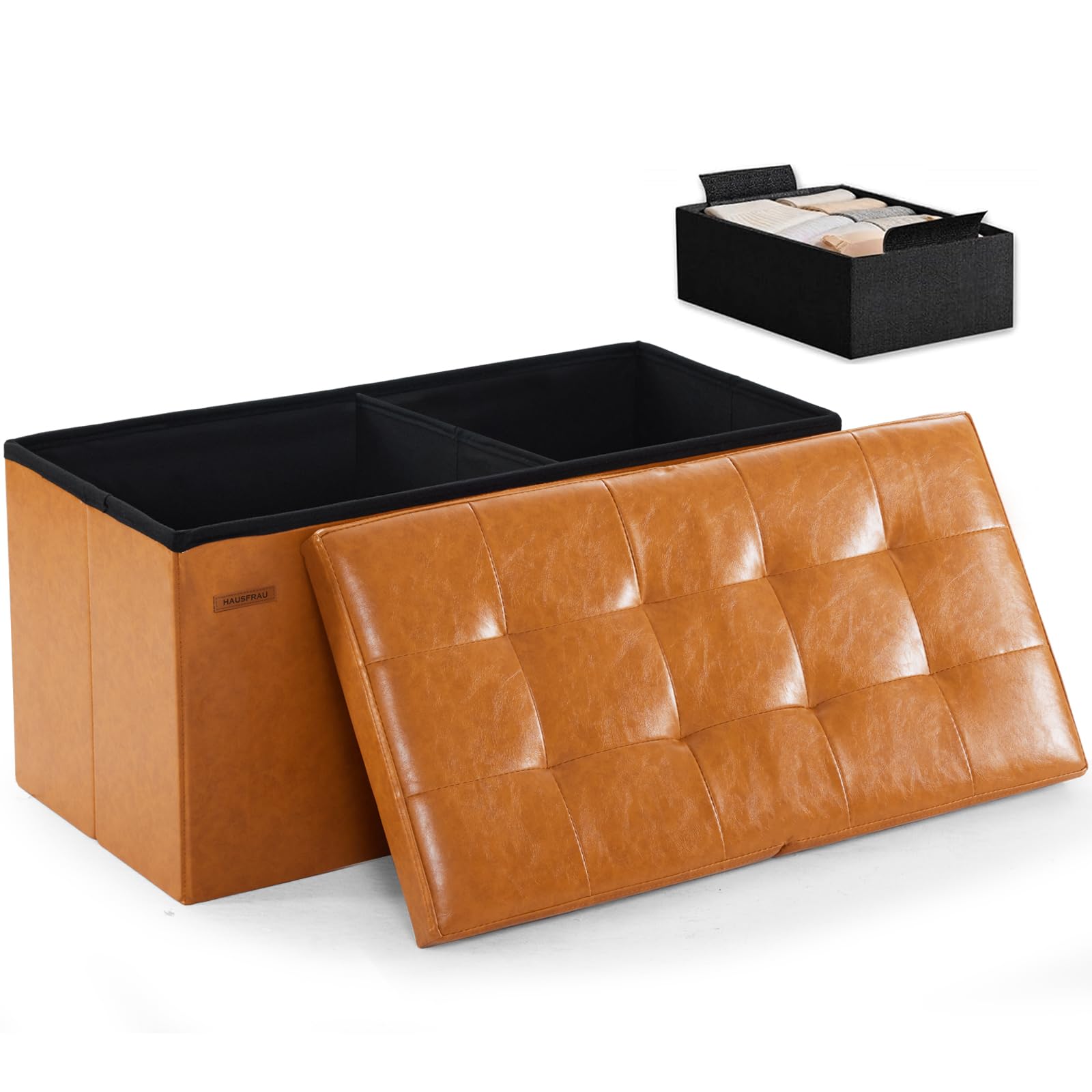 Ottoman with Storage Bench Folding Foot Rest Stool Cognac Brown
