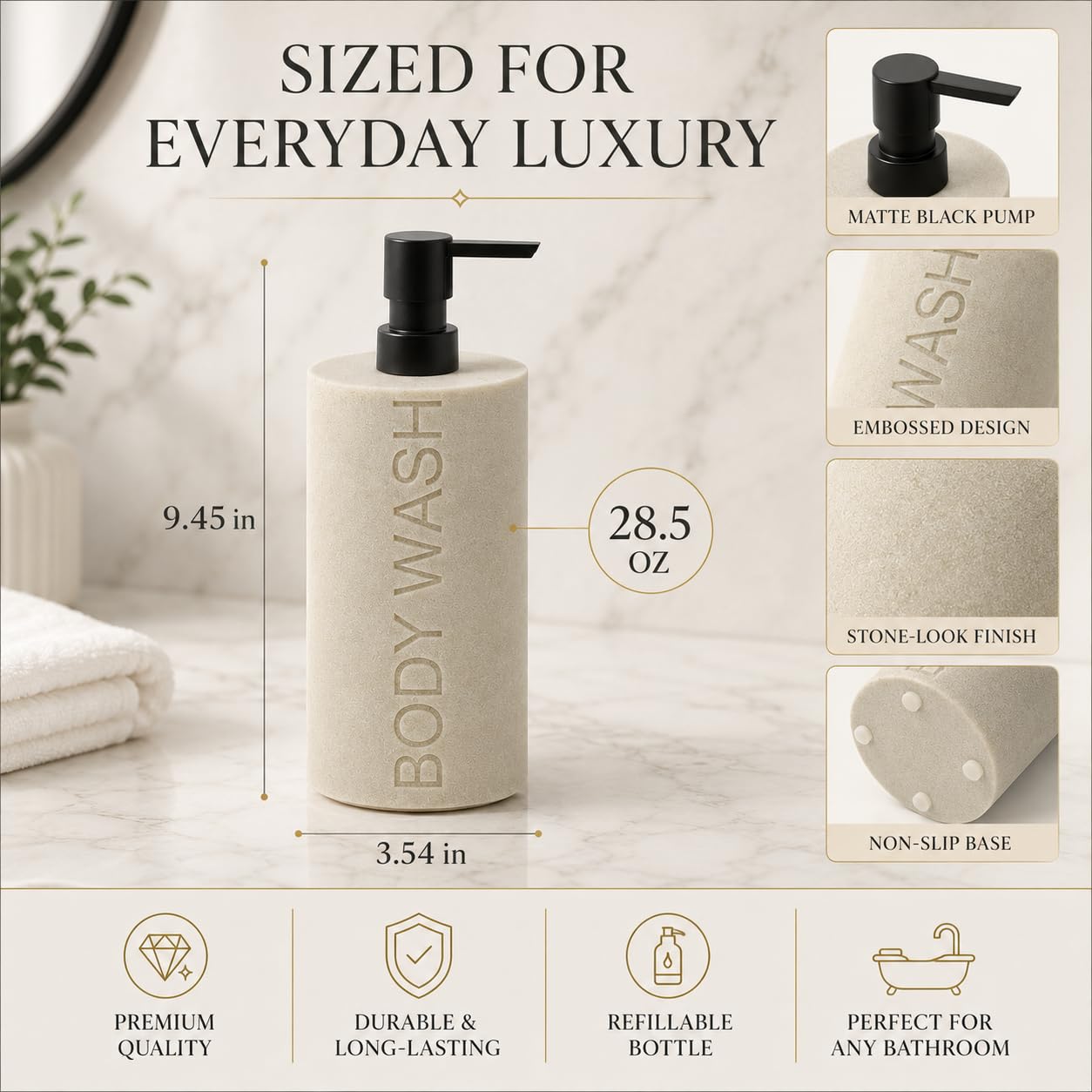 Resin Tan Sandstone Body Wash Engraved Bottle Refillable Pump Dispenser