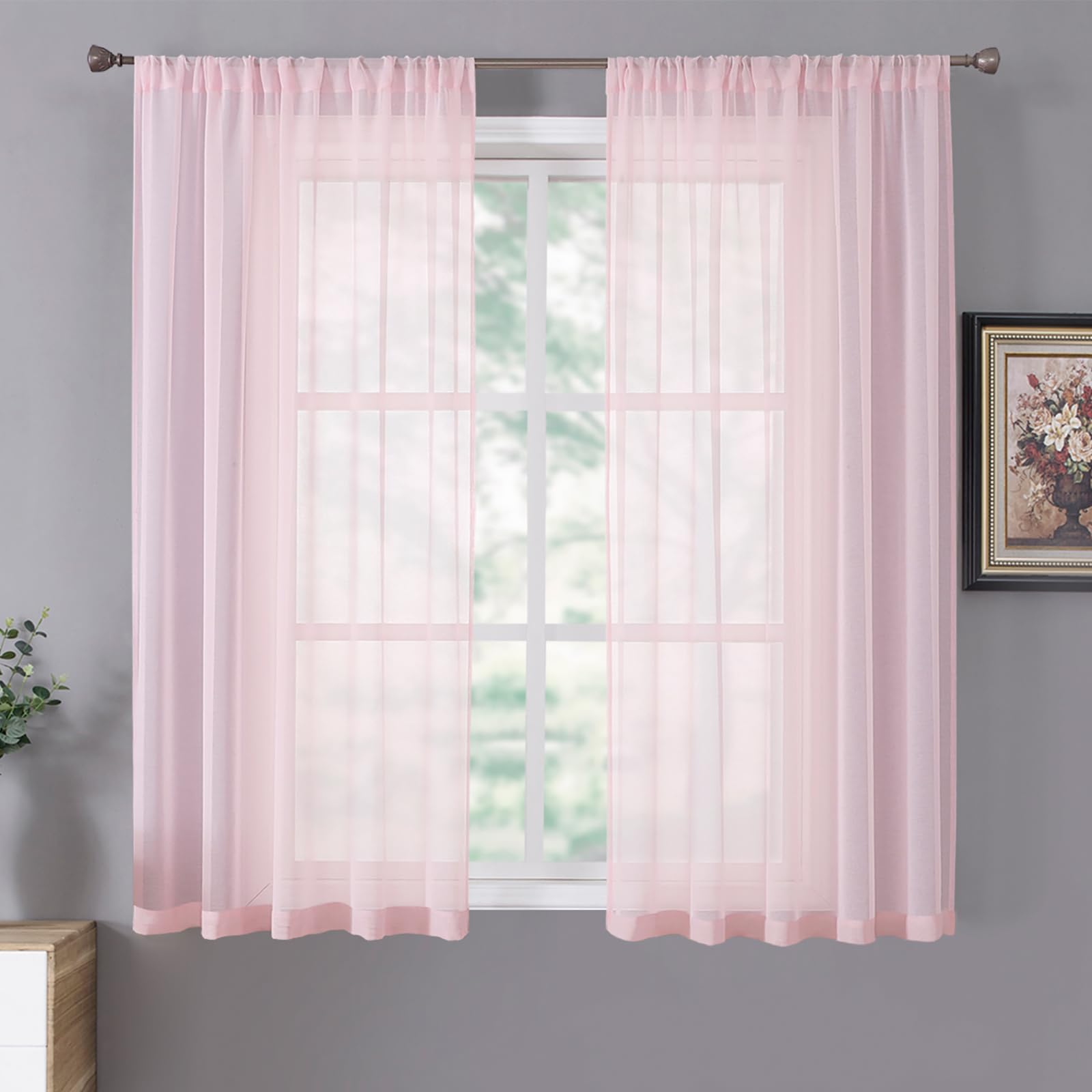 Short Sheer Curtain Linen Textured Living Room Curtains Sheer Light Filtering Rod Pocket Voile Curtain for Bedroom
