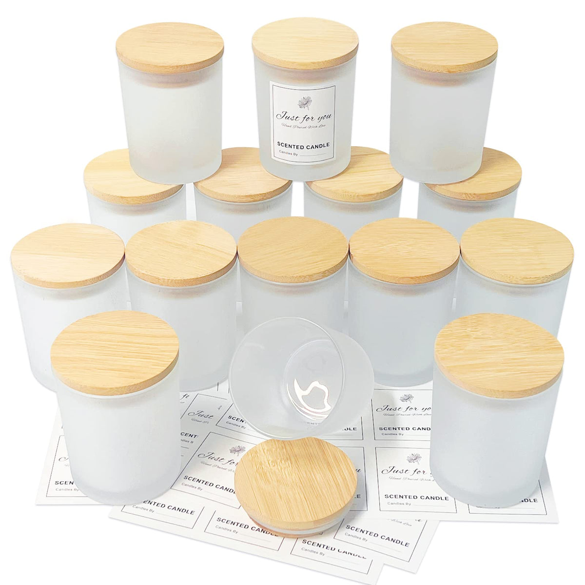 15 Pack 7 OZ Frosted Empty Candle Jars with Bamboo Lids (15 Count)