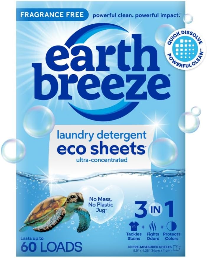 Earth Breeze Laundry Detergent Sheets Fragrance-Free - 60 Loads Eco Liquidless Soap - Travel-Friendly for Hot & Cold Cycles, Tackles Tough Stains & Odors - Gentle on Sensitive Skin, 30 Ct - ModHome Supplies