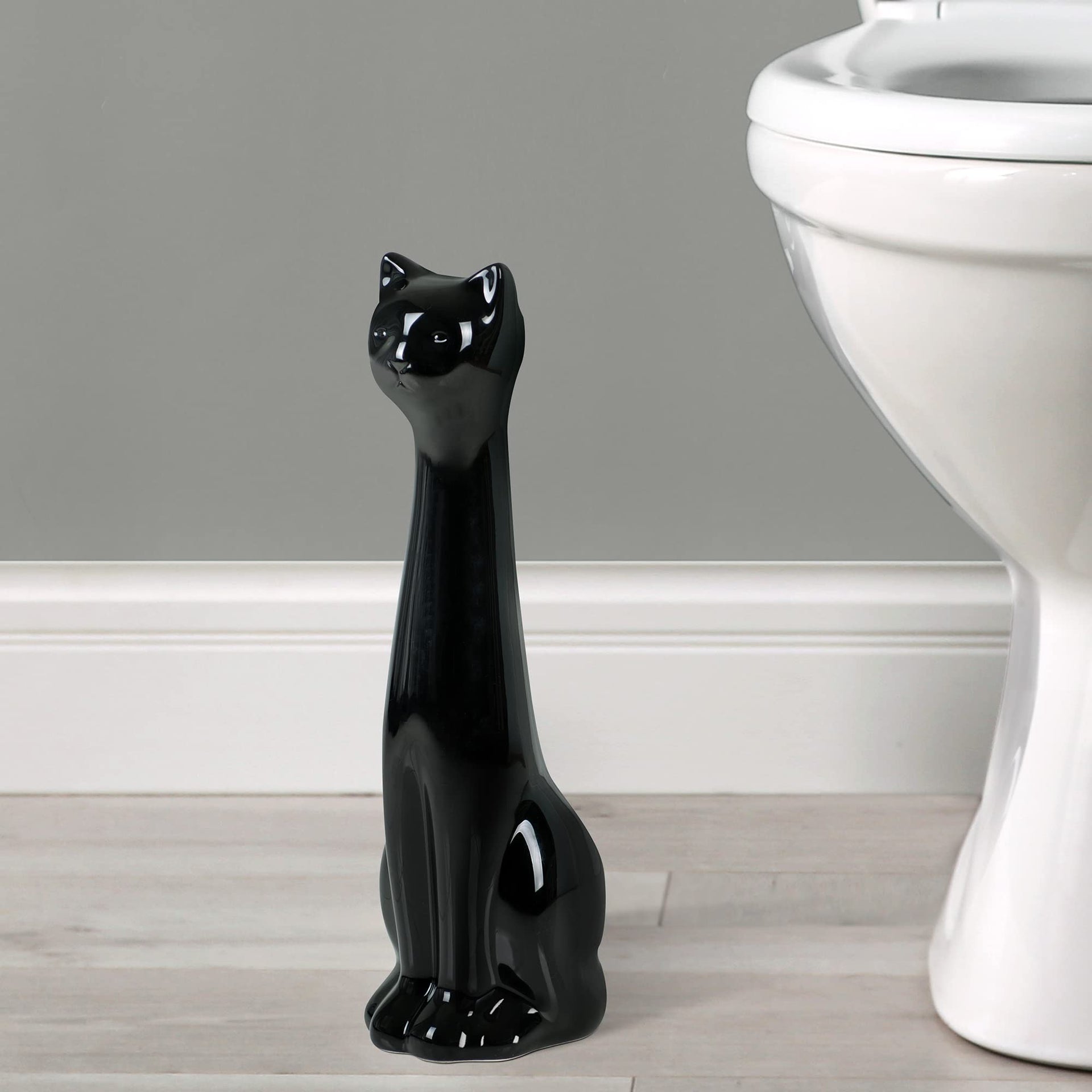 Cat 3 Piece Black Ceramic Toilet Brush Holder with White Plastic Brush and Soap Dispenser Set