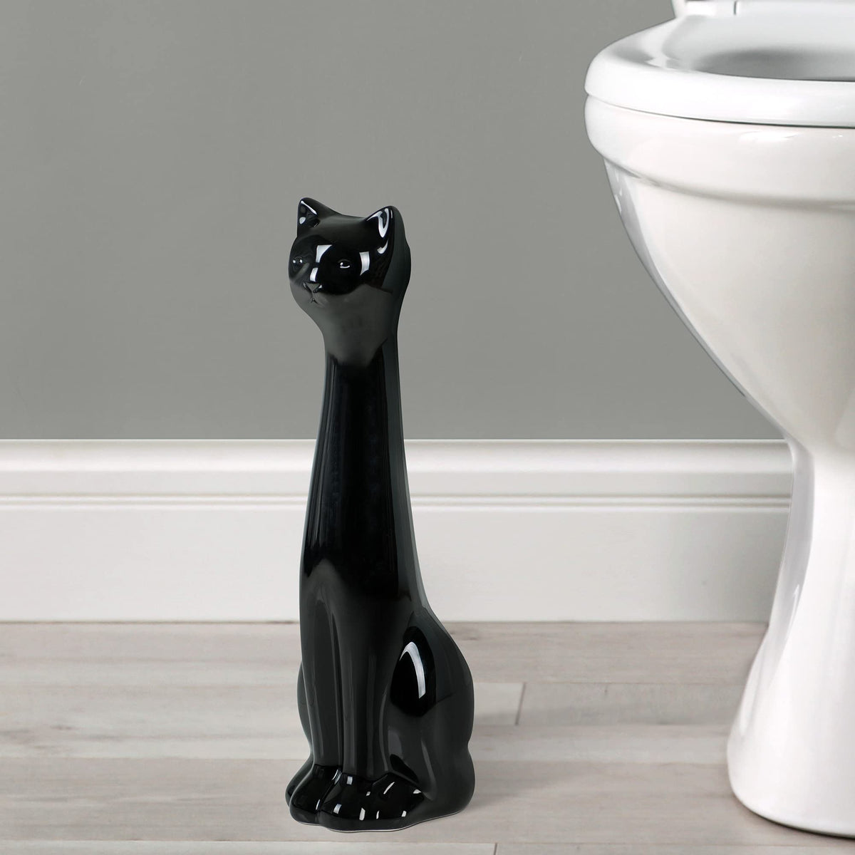 Cat 3 Piece Black Ceramic Toilet Brush Holder with White Plastic Brush and Soap Dispenser Set