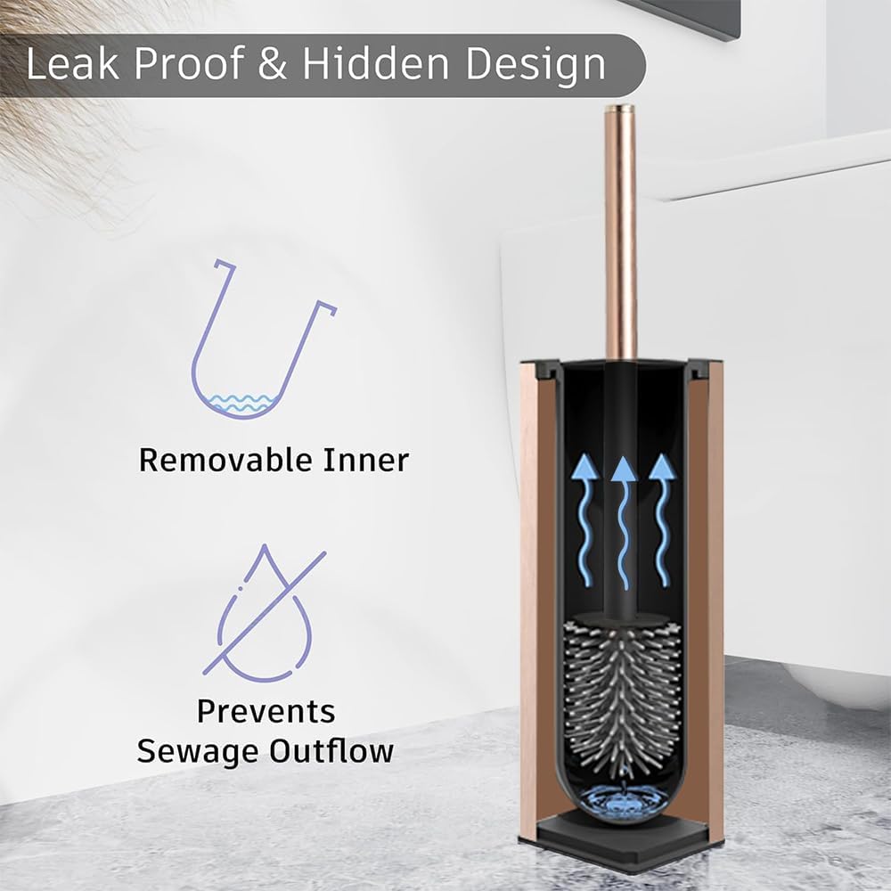 Standing Toilet Brush and Holder Rose Gold Aluminium Toilet Bowl Cleaner Brush and Holder for Bathroom Storage and Organization