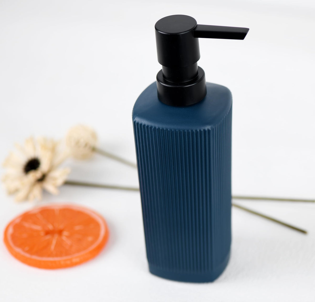 12 oz Glass Soap Dispenser with Vertical Stripe with Black Plastic Rustproof Pump