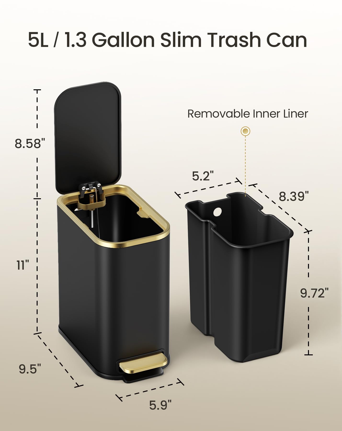 Small Bathroom Trash Can with Gold Grimmed Lid & Pedal