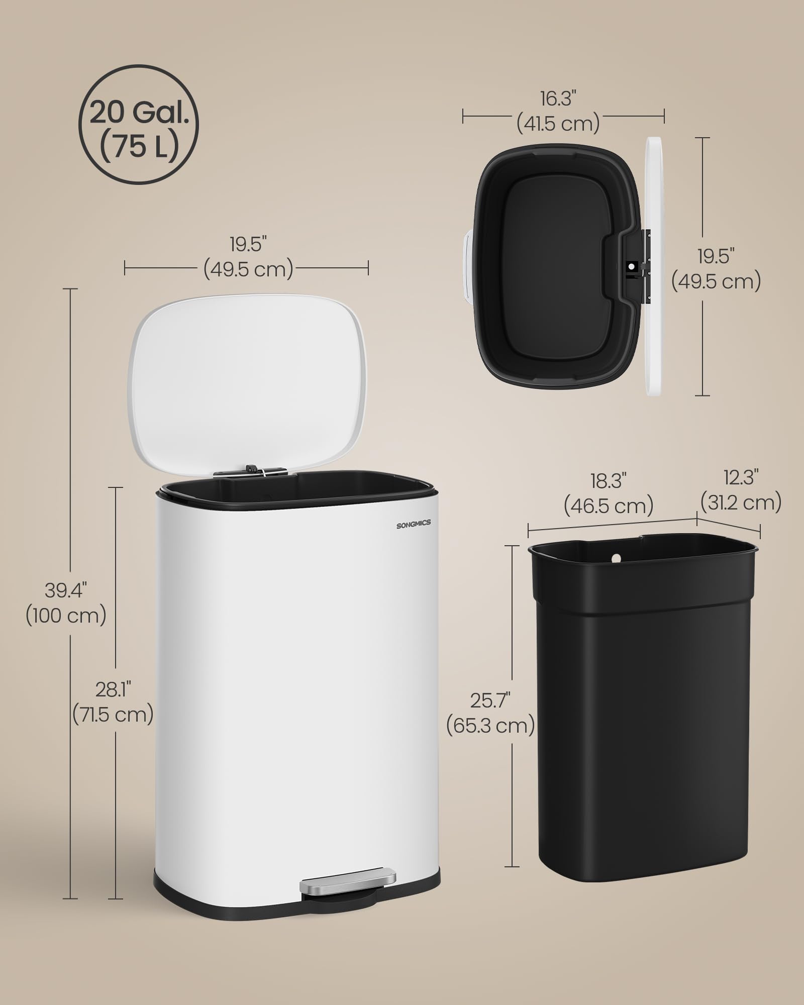 20-Gallon (75 L) Trash Can, Stainless Steel Kitchen Garbage Can, Recycling or Waste Bin, Soft Close, Step-On Pedal, Removable Inner Bucket, White ULTB075WZ01