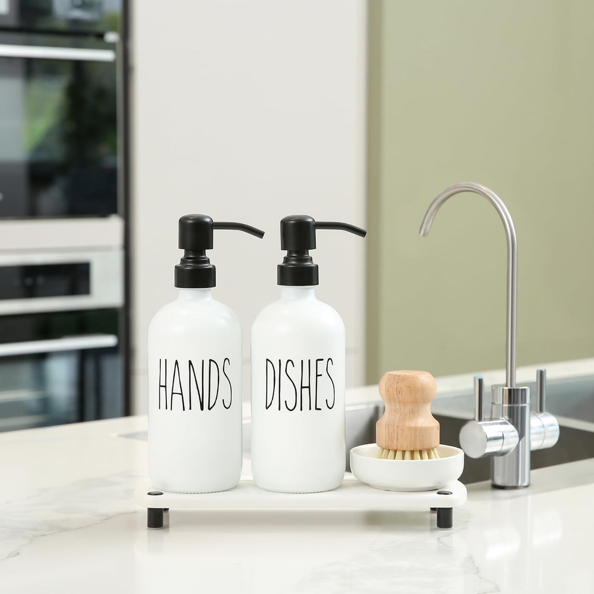 White Soap Dispenser Set Comes with Stainless Steel Pumps