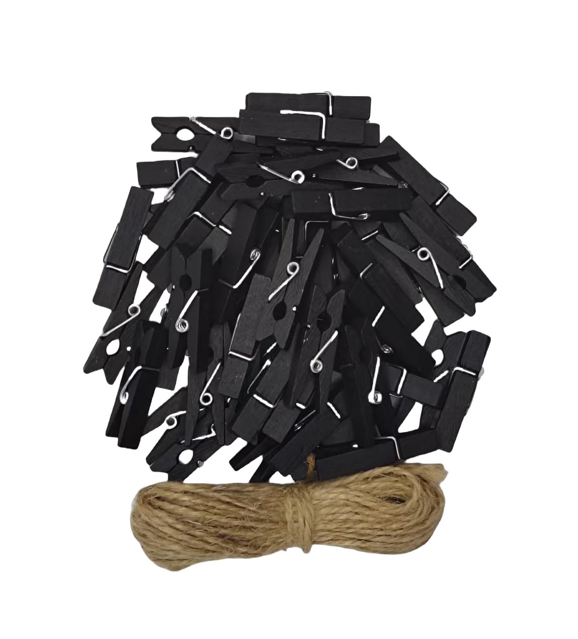 Wood Clothespins to Hang Photos School Projects 1.5 Inch Clothes Clips with Jute Twine Black Pack 50 (50 Count)