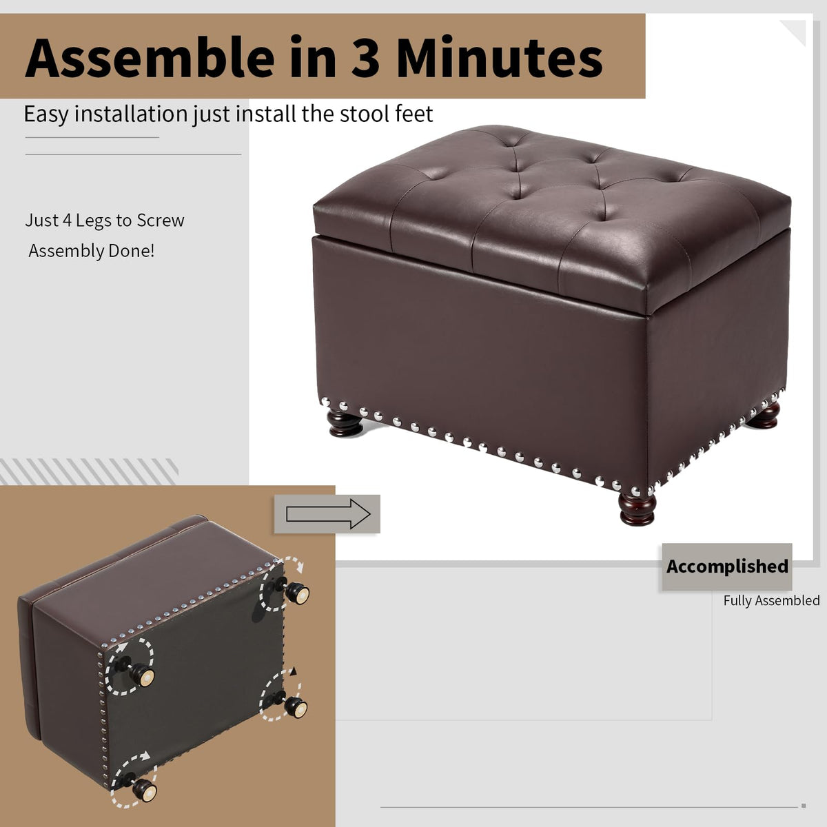 Faux Leather Storage Ottoman Bench Rectangle 24 Inch Foot Rest Ottomans