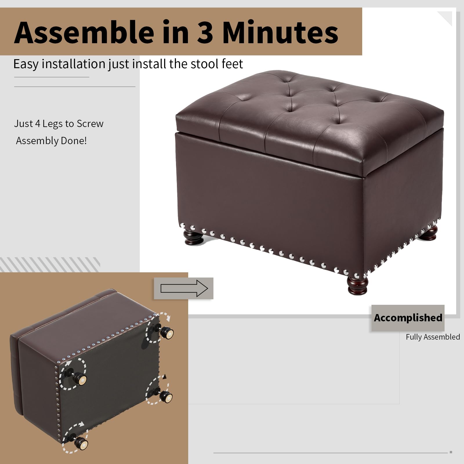 Faux Leather Storage Ottoman Bench Rectangle 24 Inch Foot Rest Ottomans